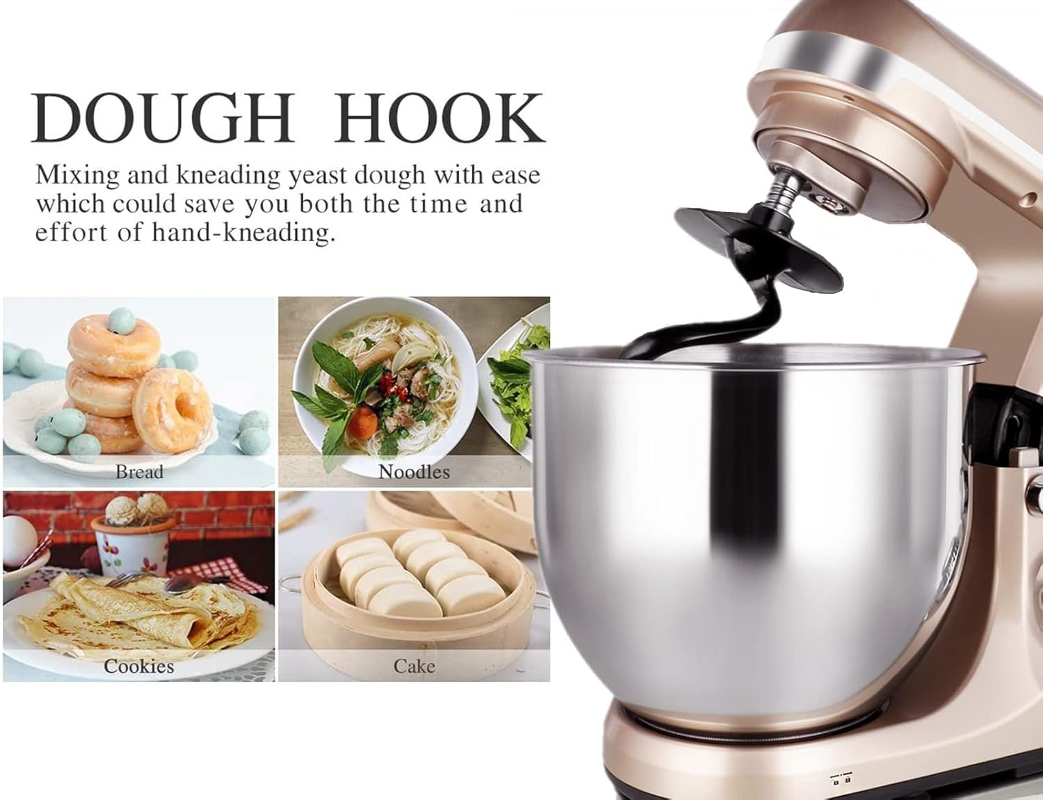 MURENKING Professional Stand Mixer, 6-Qt with Timer, MK37 500W 6-Speed Tilt-Head Food Electric Mixer Kitchen Machine,Plastic (Champagne) - Image 8
