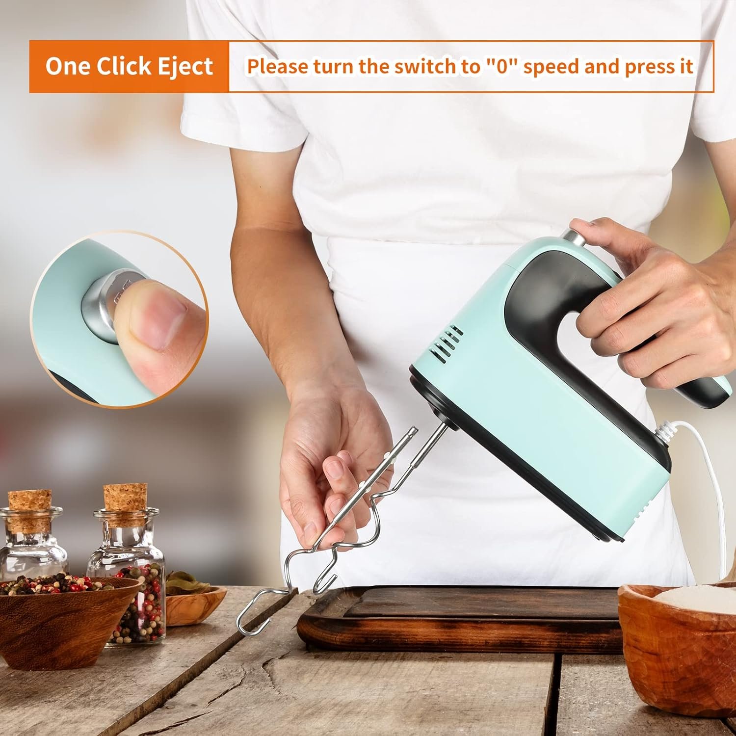 Yomelo 9-Speed Digital Hand Mixer Electric, 400W Powerful DC Motor, Baking Mixer Handheld with Snap-On Storage Case, Touch Button, Turbo Boost, Dough Hooks, Whisk (Ice Blue) - Image 7