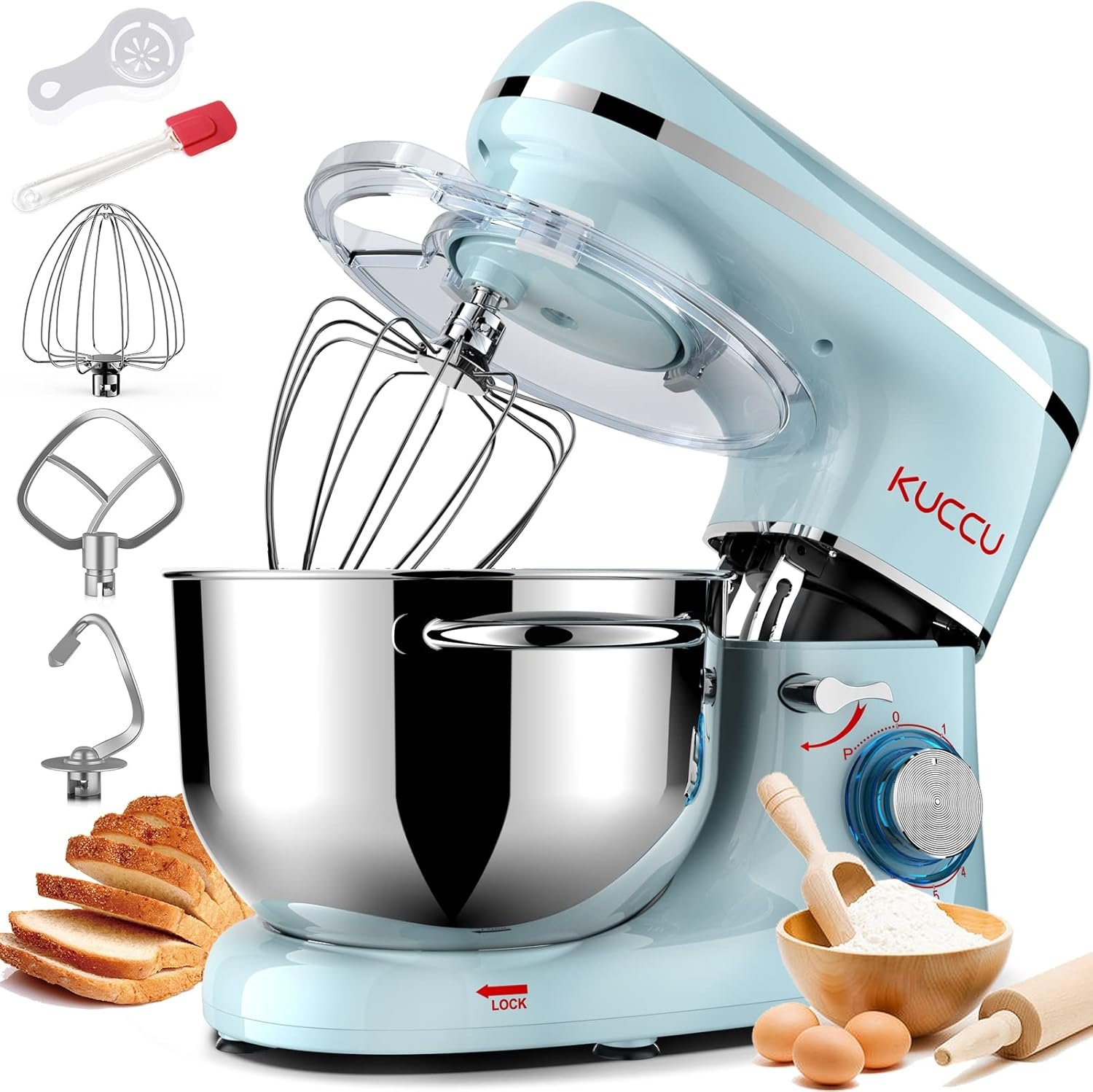 KUCCU Stand Mixer, 6.5 Qt 660W, 6-Speed Tilt-Head Food Dough Mixer, Kitchen Electric Mixer with Stainless Steel Bowl,Dough Hook,Whisk, Beater, Egg white separator (6.5-QT, Blue) - Image 2