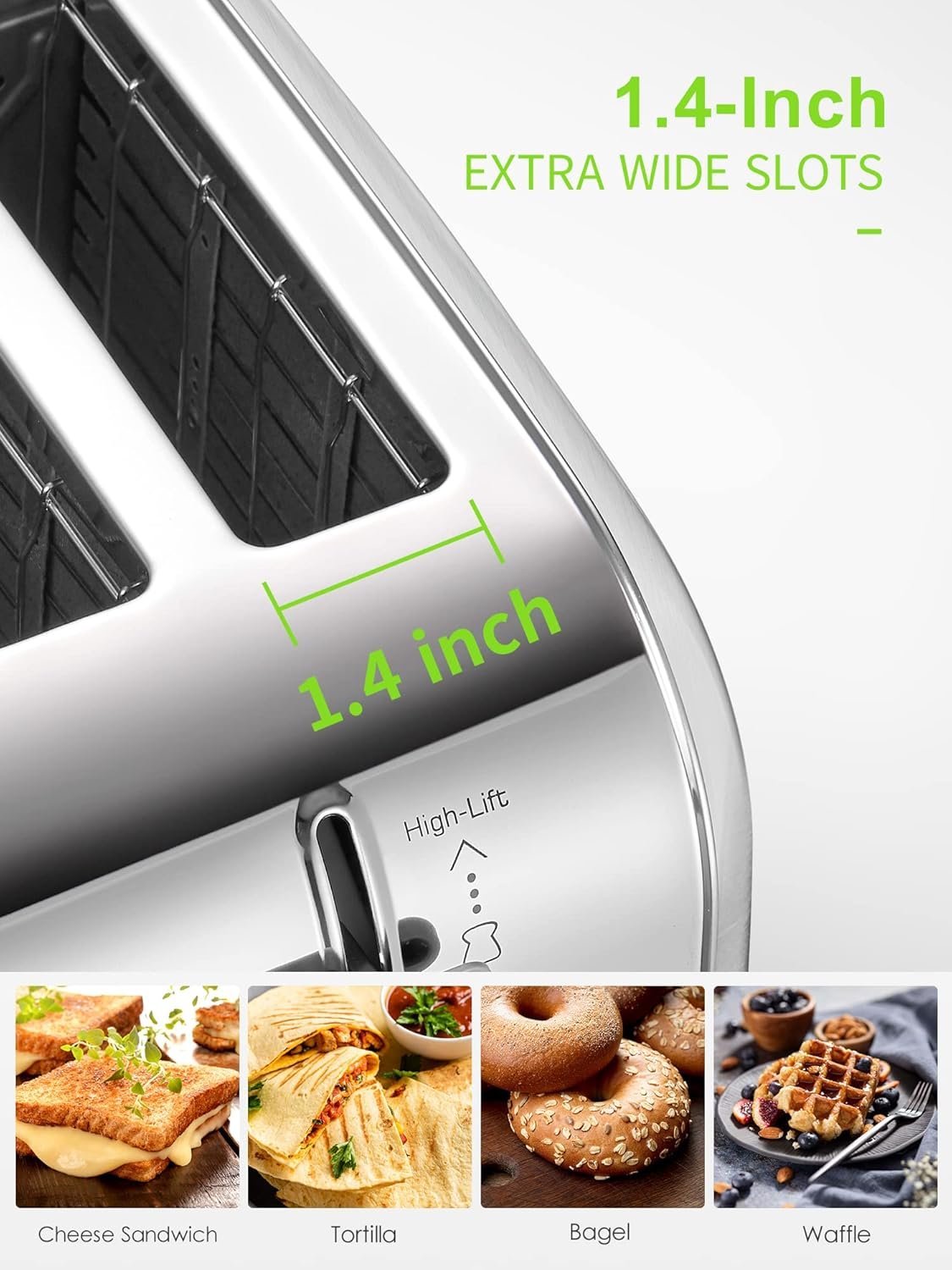 Toaster 4 Slice, Extra Wide Slots, Stainless Steel with High Lift Lever, Bagel and Muffin Function, Removal Crumb Tray, 7-Shade Settings with Warming Rack, Silver, Yabano - Image 5