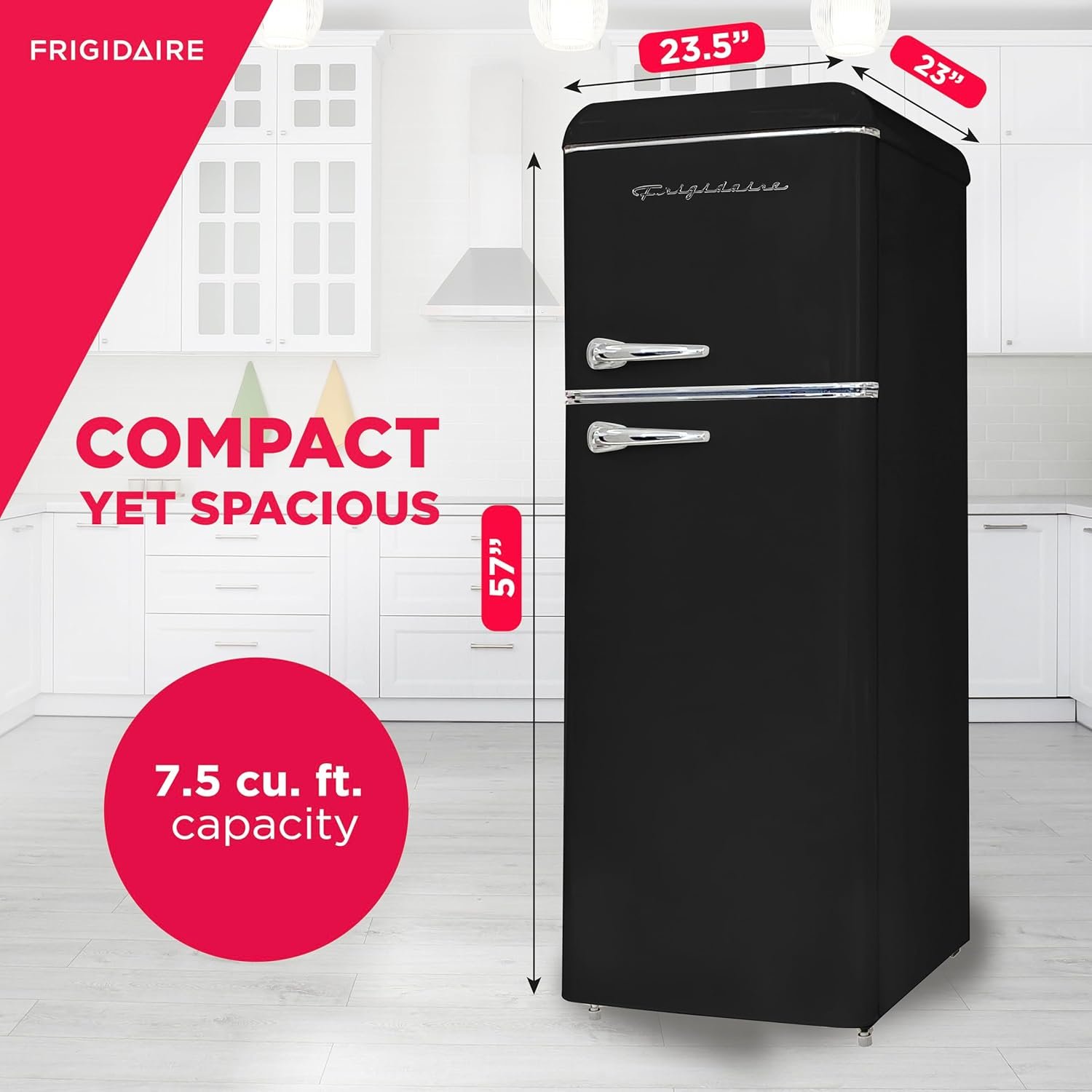 Frigidaire EFR756-BLACK EFR756, 2 Door Apartment Size Retro Refrigerator with Top Freezer, Chrome Handles, 7.5 cu ft, Black - Image 3