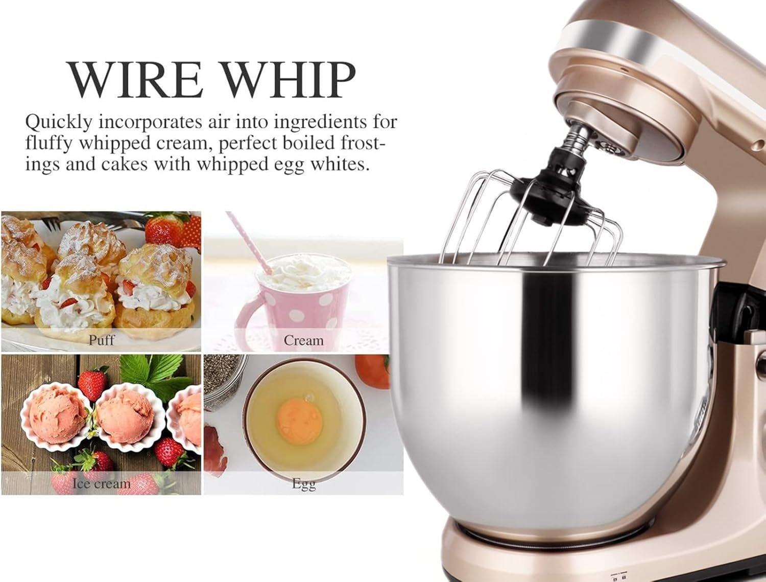 MURENKING Professional Stand Mixer, 6-Qt with Timer, MK37 500W 6-Speed Tilt-Head Food Electric Mixer Kitchen Machine,Plastic (Champagne) - Image 9