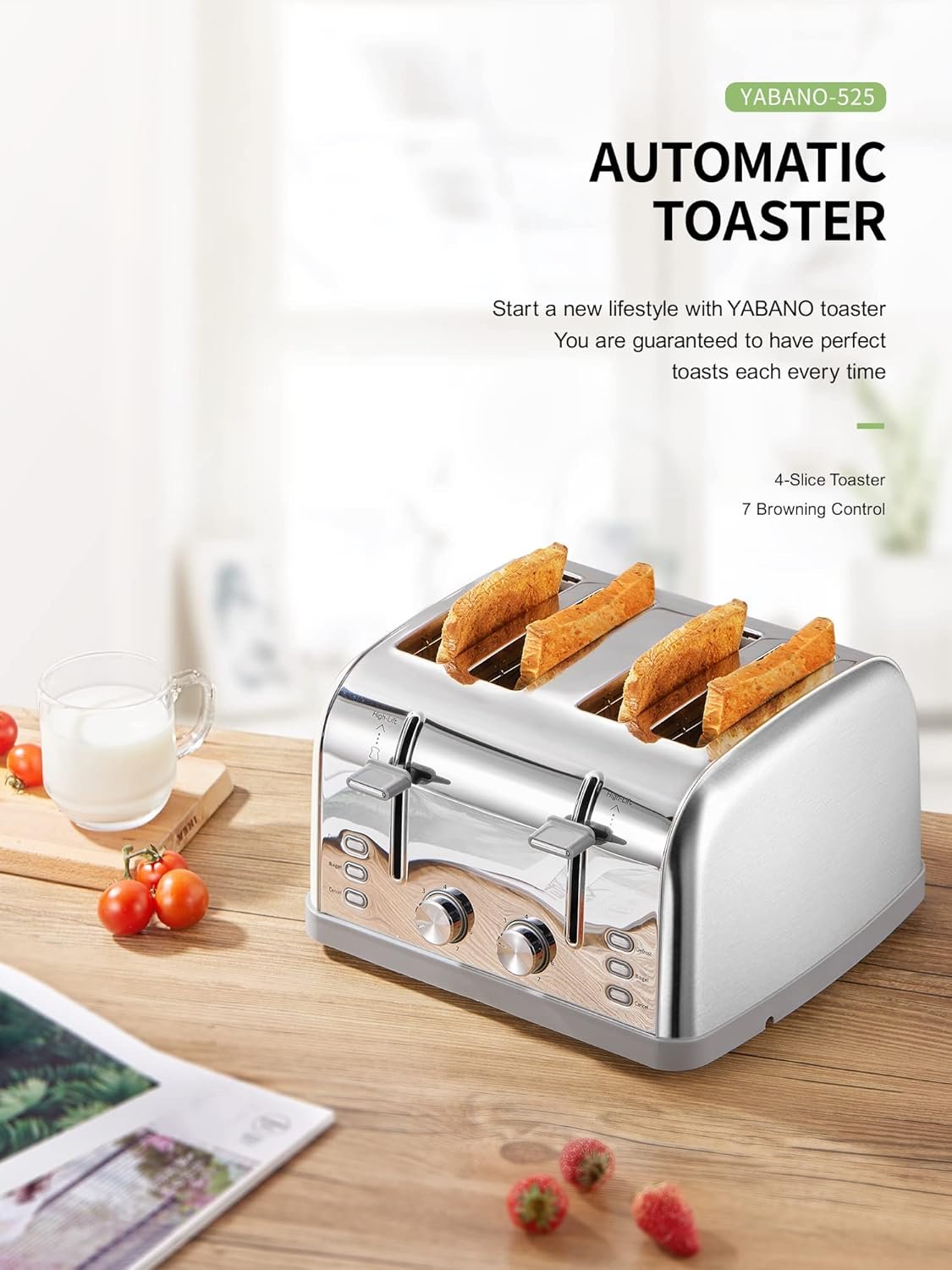 Toaster 4 Slice, Extra Wide Slots, Stainless Steel with High Lift Lever, Bagel and Muffin Function, Removal Crumb Tray, 7-Shade Settings with Warming Rack, Silver, Yabano - Image 8