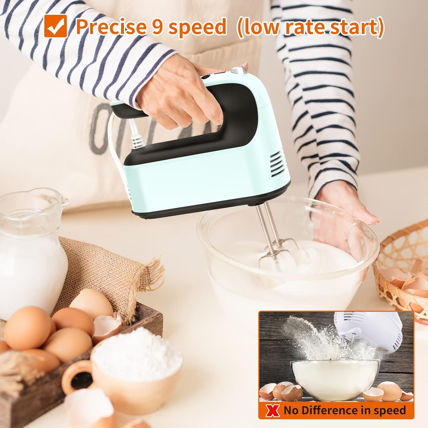 Yomelo 9-Speed Digital Hand Mixer Electric, 400W Powerful DC Motor, Baking Mixer Handheld with Snap-On Storage Case, Touch Button, Turbo Boost, Dough Hooks, Whisk (Ice Blue) - Image 6