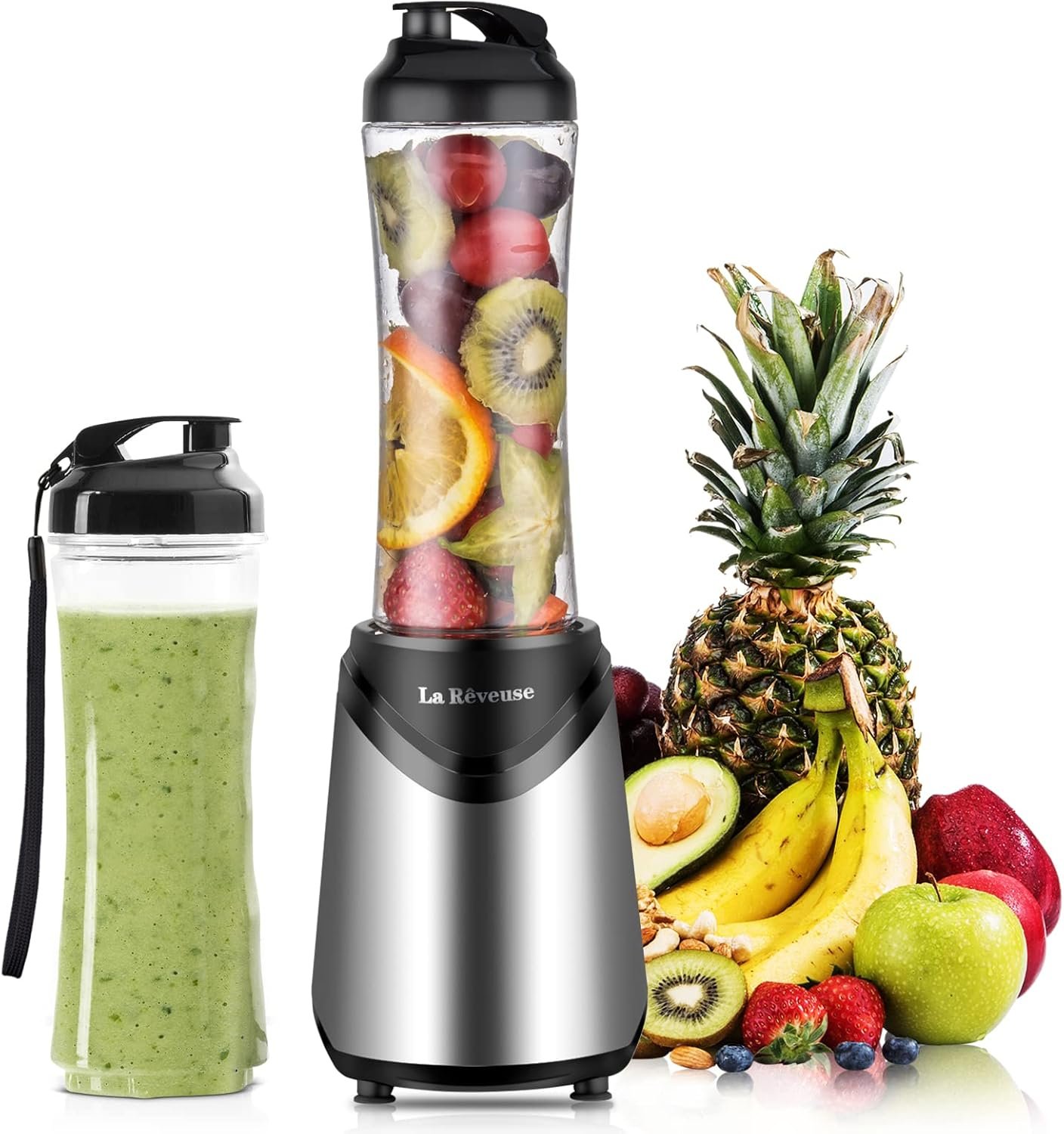 La Reveuse Smoothies Blender Personal Size 300 Watts with 2 Pieces 18 oz BPA Free Portable Travel Sports Bottles (Silver 2 Cups) - Image 2