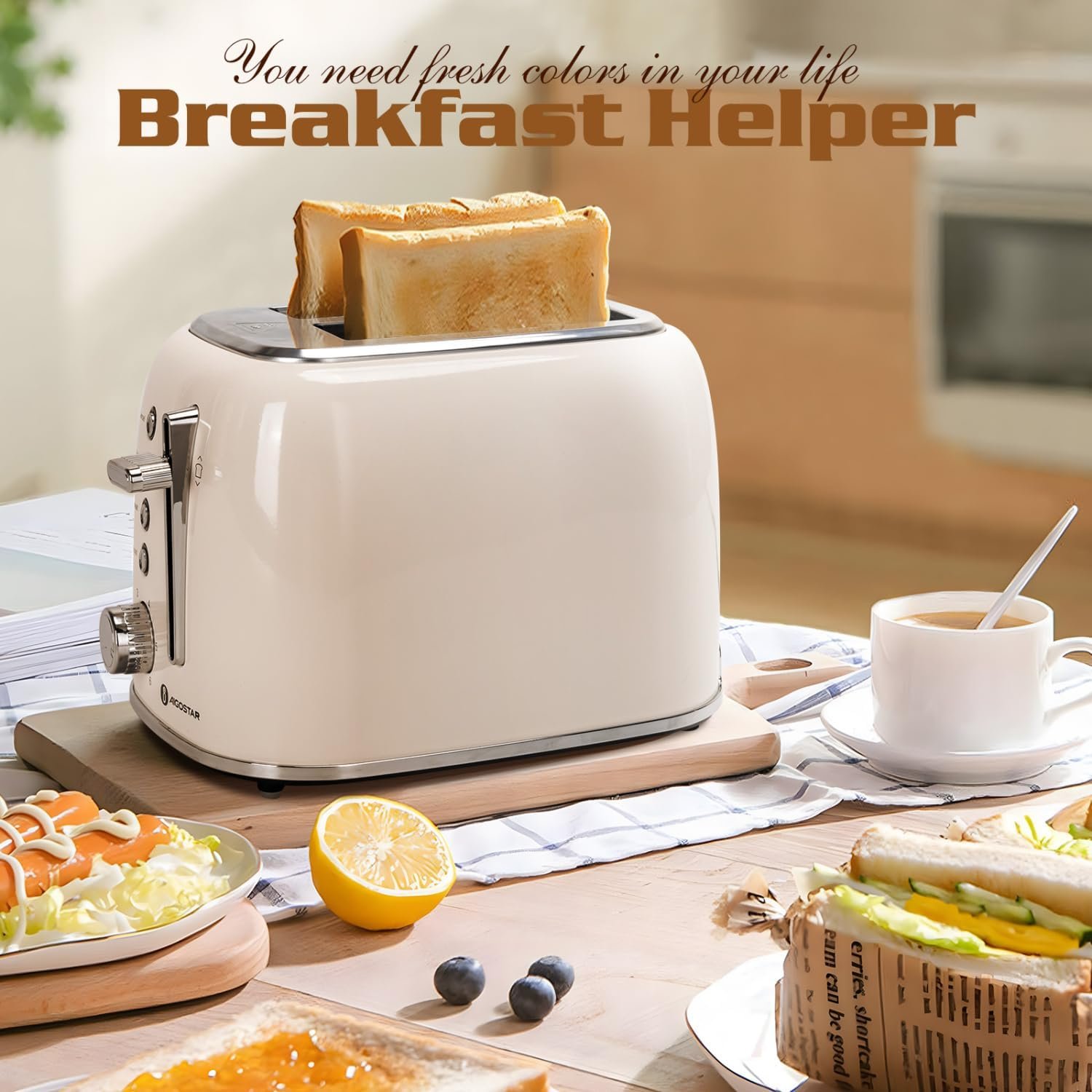 Aigostar Toaster 2 Slice, Retro Extra-Wide Slot Toasters Best Rated Prime for Toasting Bagels, Breads, Waffles & More, Cancel, Defrost & 6 Browning, Removable Crumb Tray, Stainless Steel, Cream White - Image 9