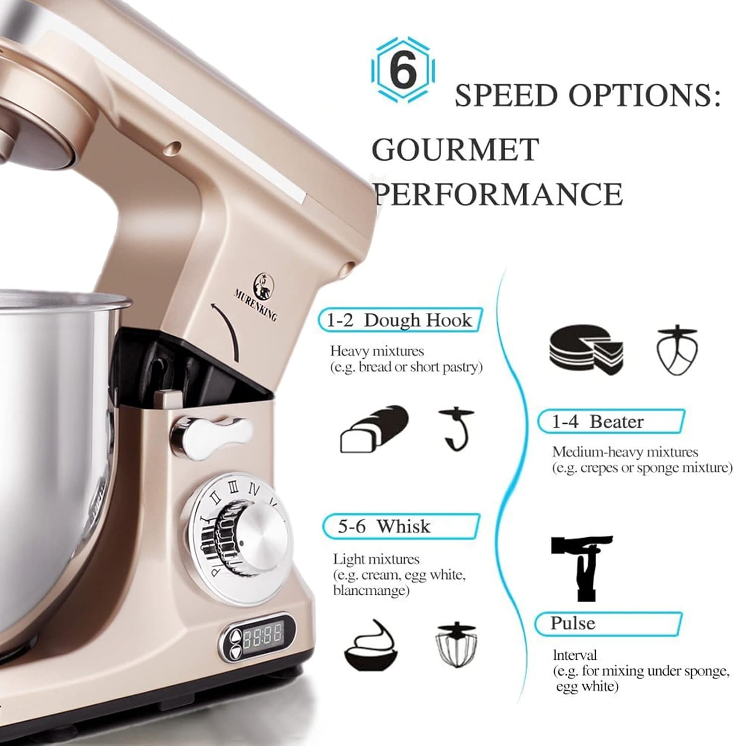 MURENKING Professional Stand Mixer, 6-Qt with Timer, MK37 500W 6-Speed Tilt-Head Food Electric Mixer Kitchen Machine,Plastic (Champagne) - Image 4