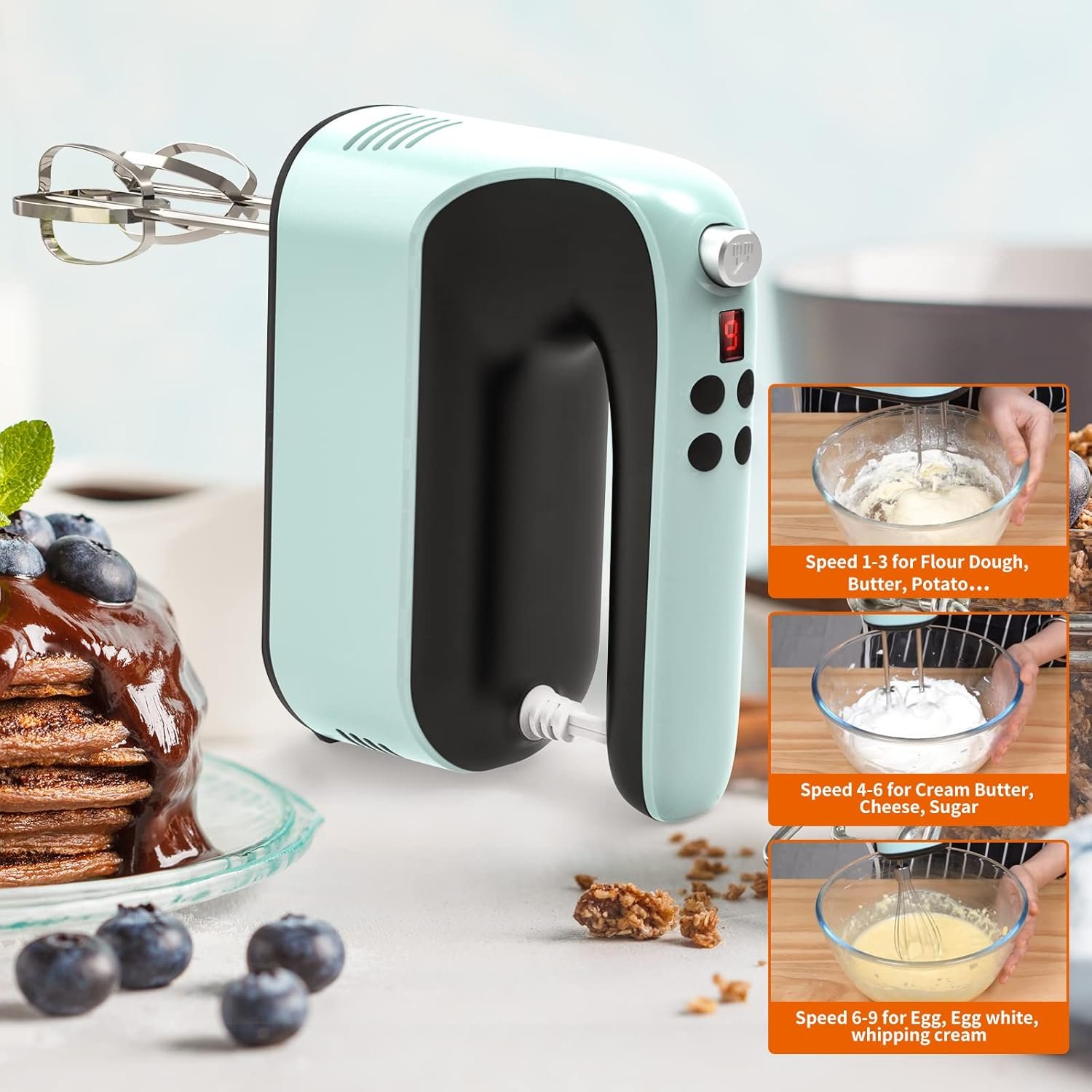 Yomelo 9-Speed Digital Hand Mixer Electric, 400W Powerful DC Motor, Baking Mixer Handheld with Snap-On Storage Case, Touch Button, Turbo Boost, Dough Hooks, Whisk (Ice Blue) - Image 9
