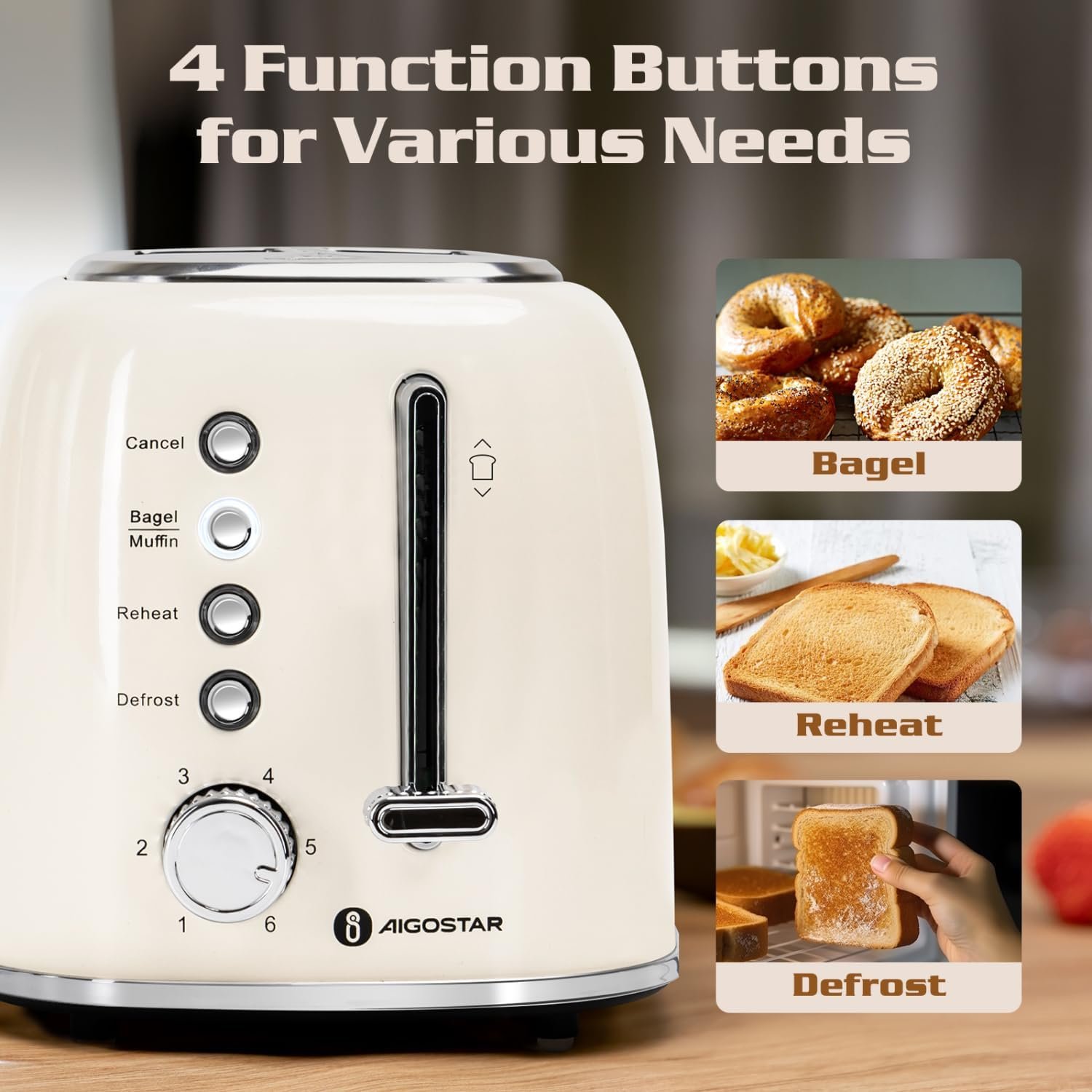 Aigostar Toaster 2 Slice, Retro Extra-Wide Slot Toasters Best Rated Prime for Toasting Bagels, Breads, Waffles & More, Cancel, Defrost & 6 Browning, Removable Crumb Tray, Stainless Steel, Cream White - Image 3