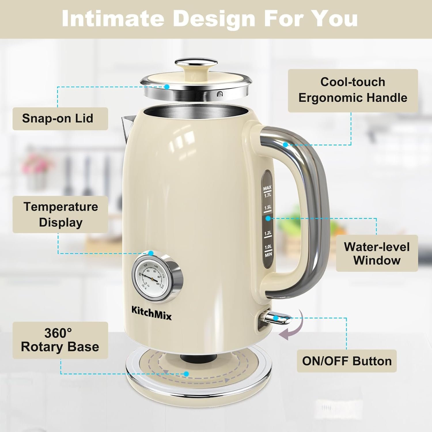 KitchMix Electric Kettle,1.7L Stainless Steel Tea Kettle with Thermometer,1500W Cordless Water Boiler with LED Indicator, Auto Shut-Off & Boil-Dry, Cool Touch Handle, BPA Free - Cream - Image 3