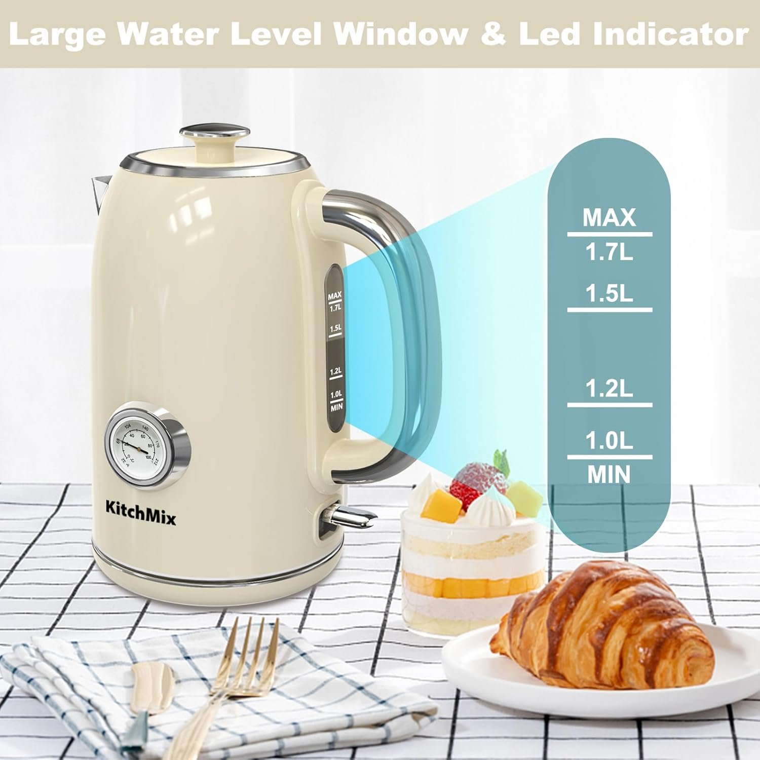 KitchMix Electric Kettle,1.7L Stainless Steel Tea Kettle with Thermometer,1500W Cordless Water Boiler with LED Indicator, Auto Shut-Off & Boil-Dry, Cool Touch Handle, BPA Free - Cream - Image 7