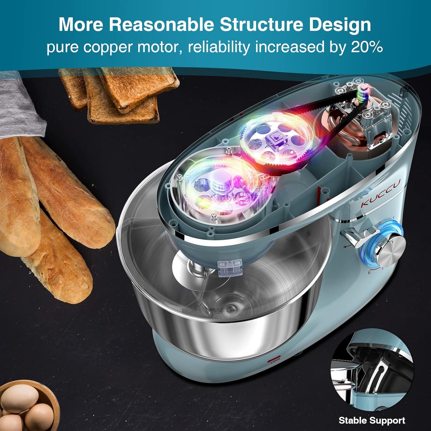 KUCCU Stand Mixer, 6.5 Qt 660W, 6-Speed Tilt-Head Food Dough Mixer, Kitchen Electric Mixer with Stainless Steel Bowl,Dough Hook,Whisk, Beater, Egg white separator (6.5-QT, Blue) - Image 4