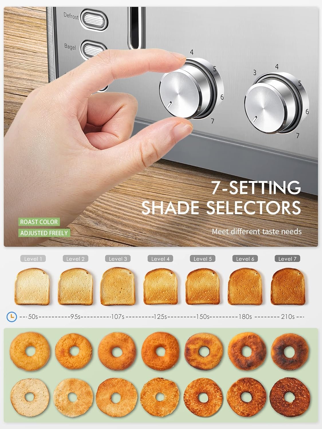 Toaster 4 Slice, Extra Wide Slots, Stainless Steel with High Lift Lever, Bagel and Muffin Function, Removal Crumb Tray, 7-Shade Settings with Warming Rack, Silver, Yabano - Image 3