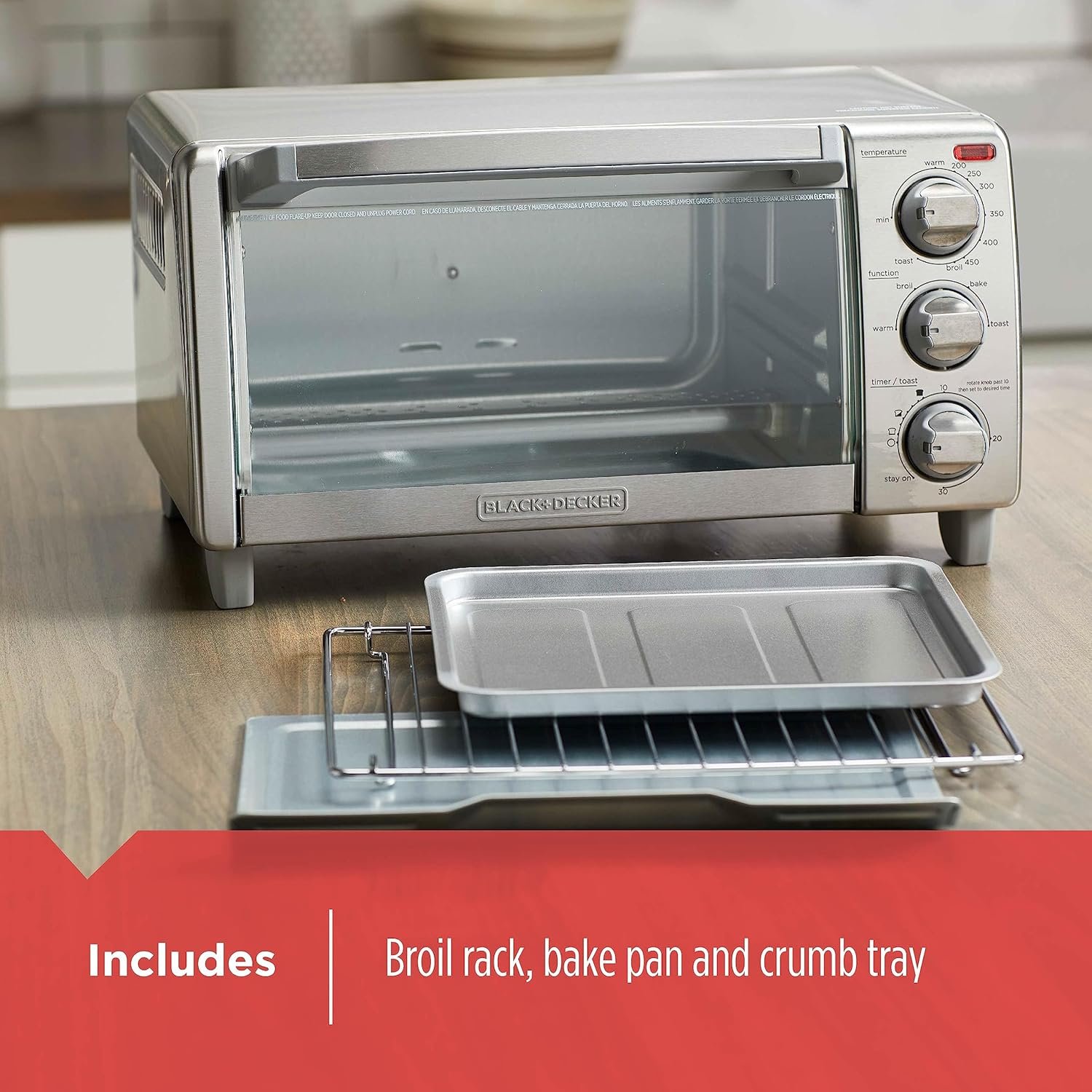 BLACK+DECKER™ Natural Convection 4-Slice Toaster Oven, Stainless Steel, Bake, Broil, Toast, Keep Warm Cooking Functions - Image 6