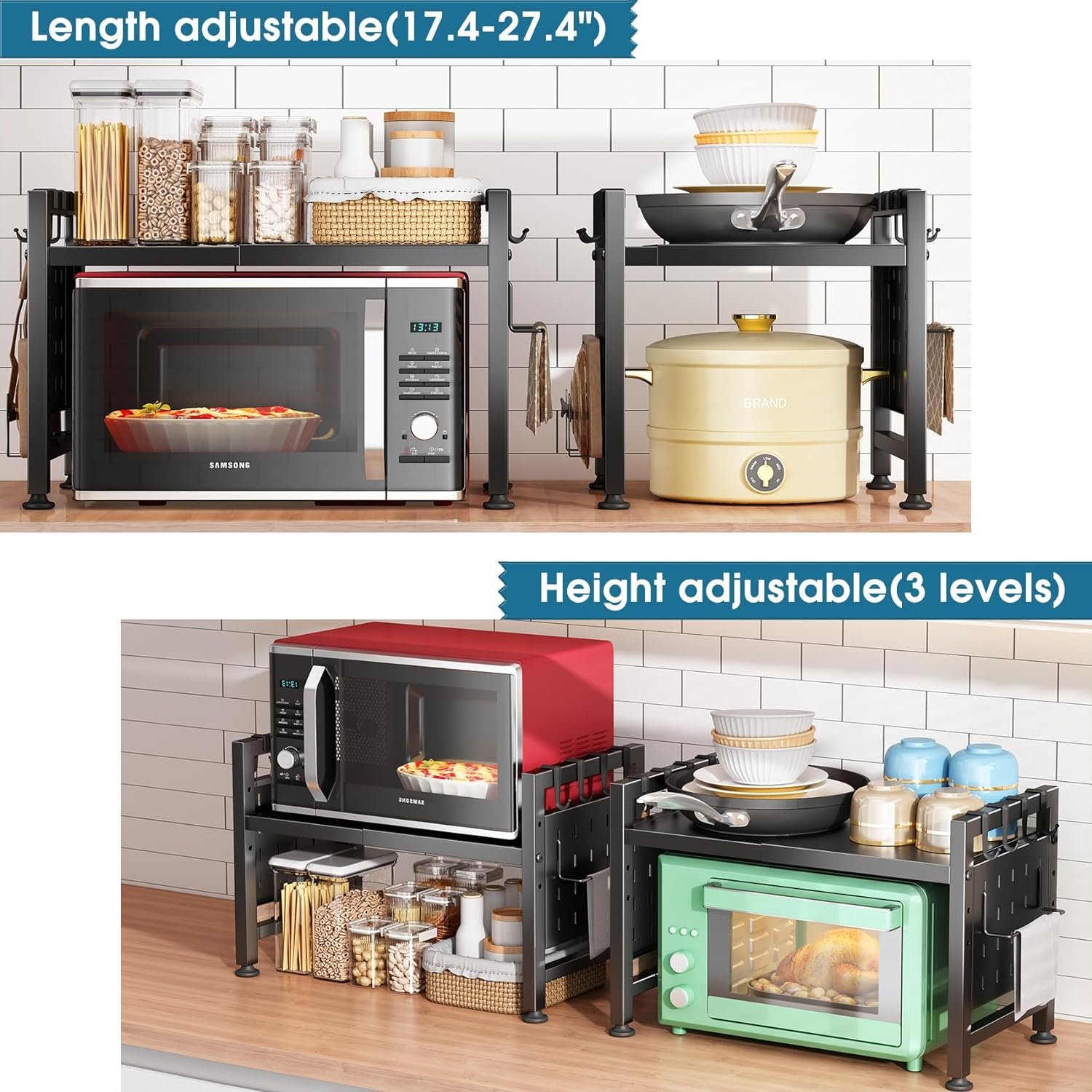 Kitstorack Adjustable Microwave Oven Rack,Microwave Stand Shelf Heavy Duty 2-Tier Shelf with Cutting Boards Stand for Kitchen Shelves Counter Top Organizer, Holds 180lbs,9 Hooks - Image 4