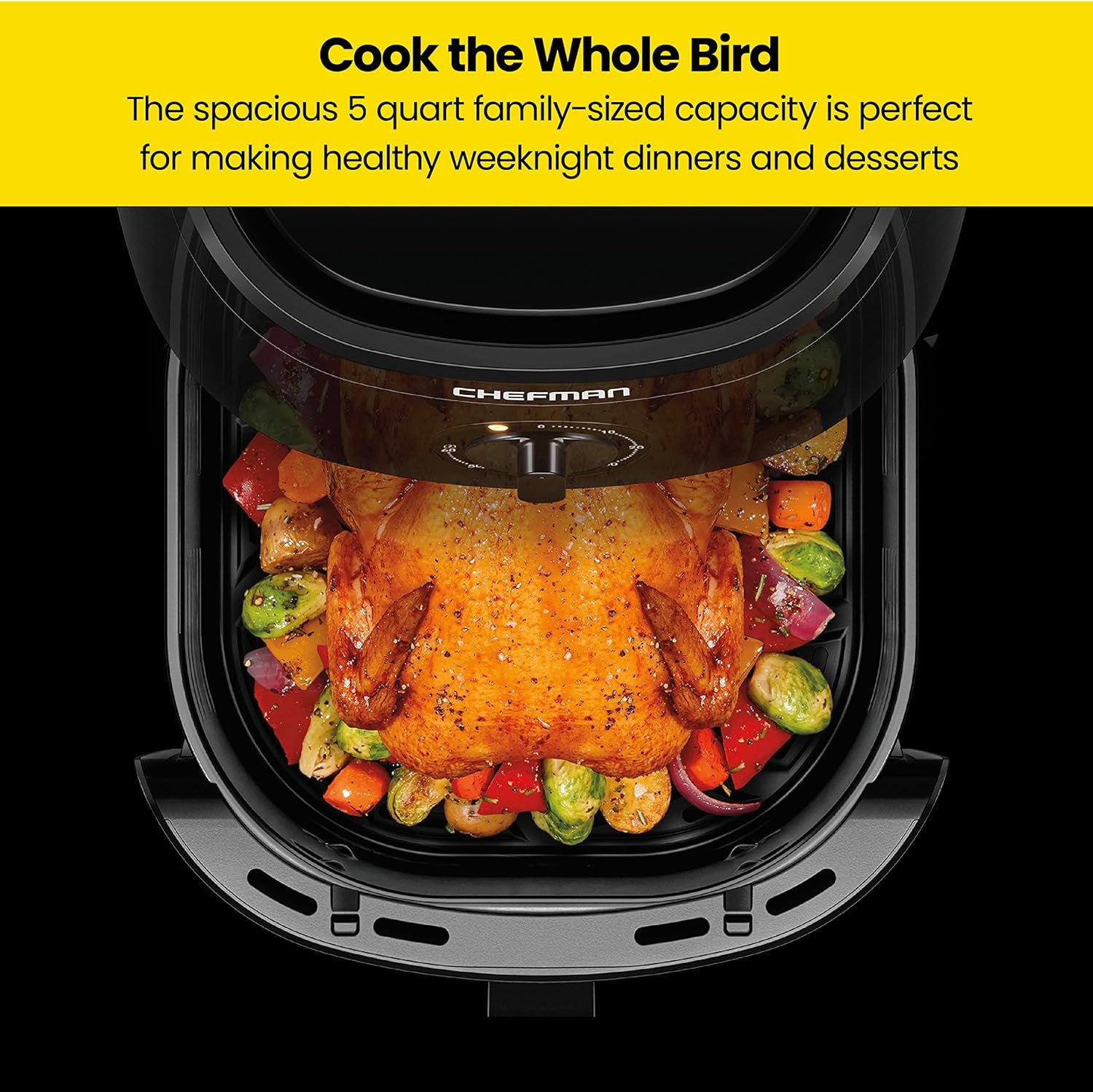 Chefman TurboFry 5-Quart Air Fryer, Dishwasher Safe Basket & Tray, Use Little to No Oil For Healthy Food, 60 Minute Timer, Fry Healthier Meals Fast, Heat And Power Indicator Light, Temp Control, Black - Image 5