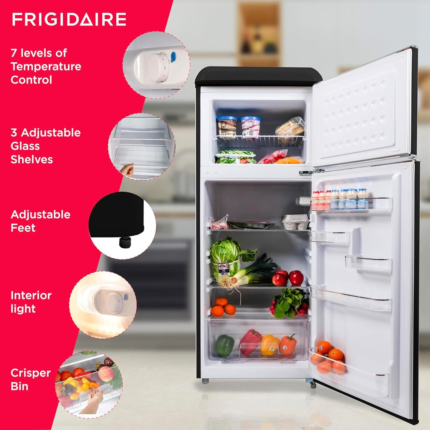 Frigidaire EFR756-BLACK EFR756, 2 Door Apartment Size Retro Refrigerator with Top Freezer, Chrome Handles, 7.5 cu ft, Black - Image 4