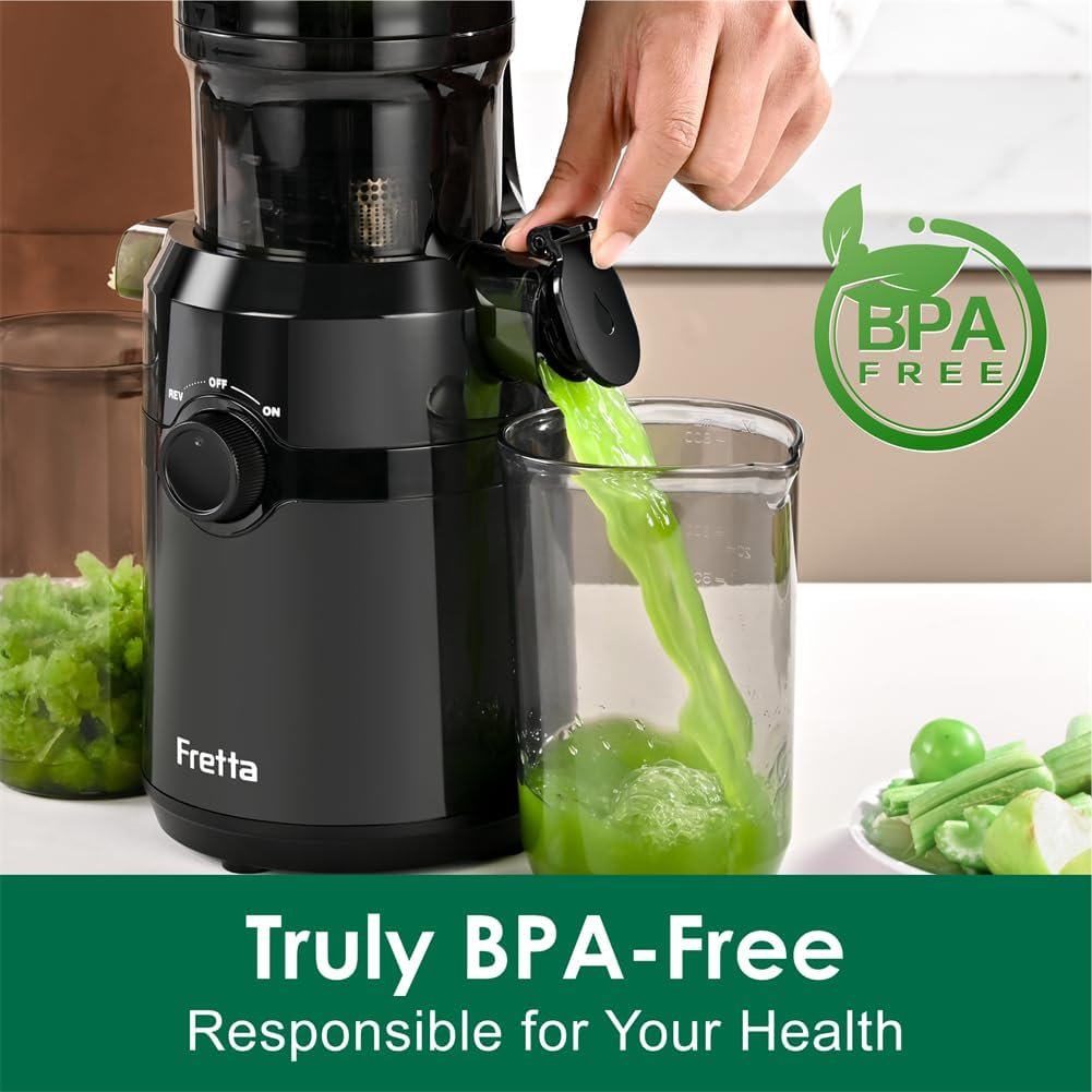 Fretta Cold Press Juicer Machines with 4.25" Large Feed Chute,Fit Whole Fruits & Vegetables Easy Clean Self Feeding,High Juice Yield,BPA Free (Black) - Image 5