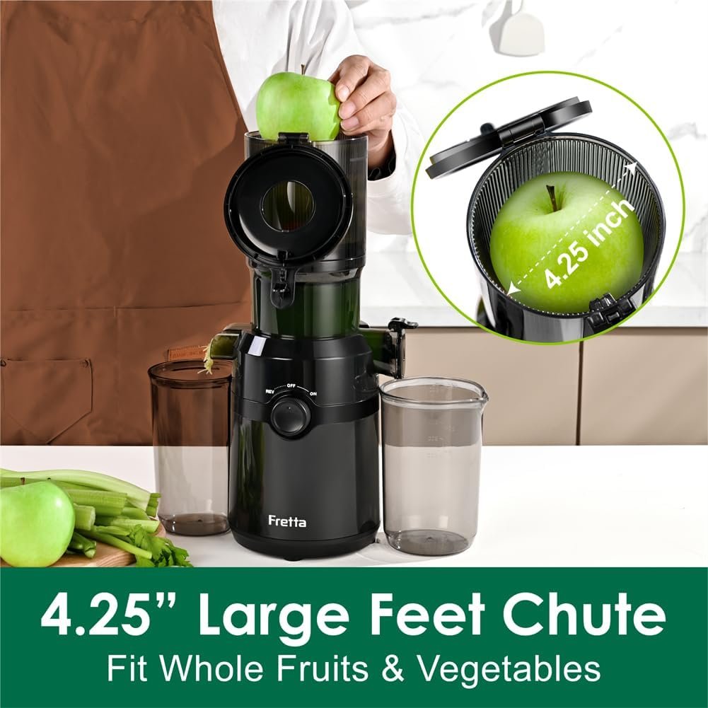 Fretta Cold Press Juicer Machines with 4.25" Large Feed Chute,Fit Whole Fruits & Vegetables Easy Clean Self Feeding,High Juice Yield,BPA Free (Black) - Image 4
