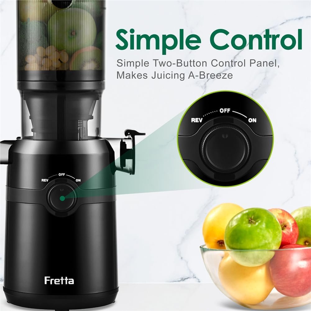 Fretta Cold Press Juicer Machines with 4.25" Large Feed Chute,Fit Whole Fruits & Vegetables Easy Clean Self Feeding,High Juice Yield,BPA Free (Black) - Image 7