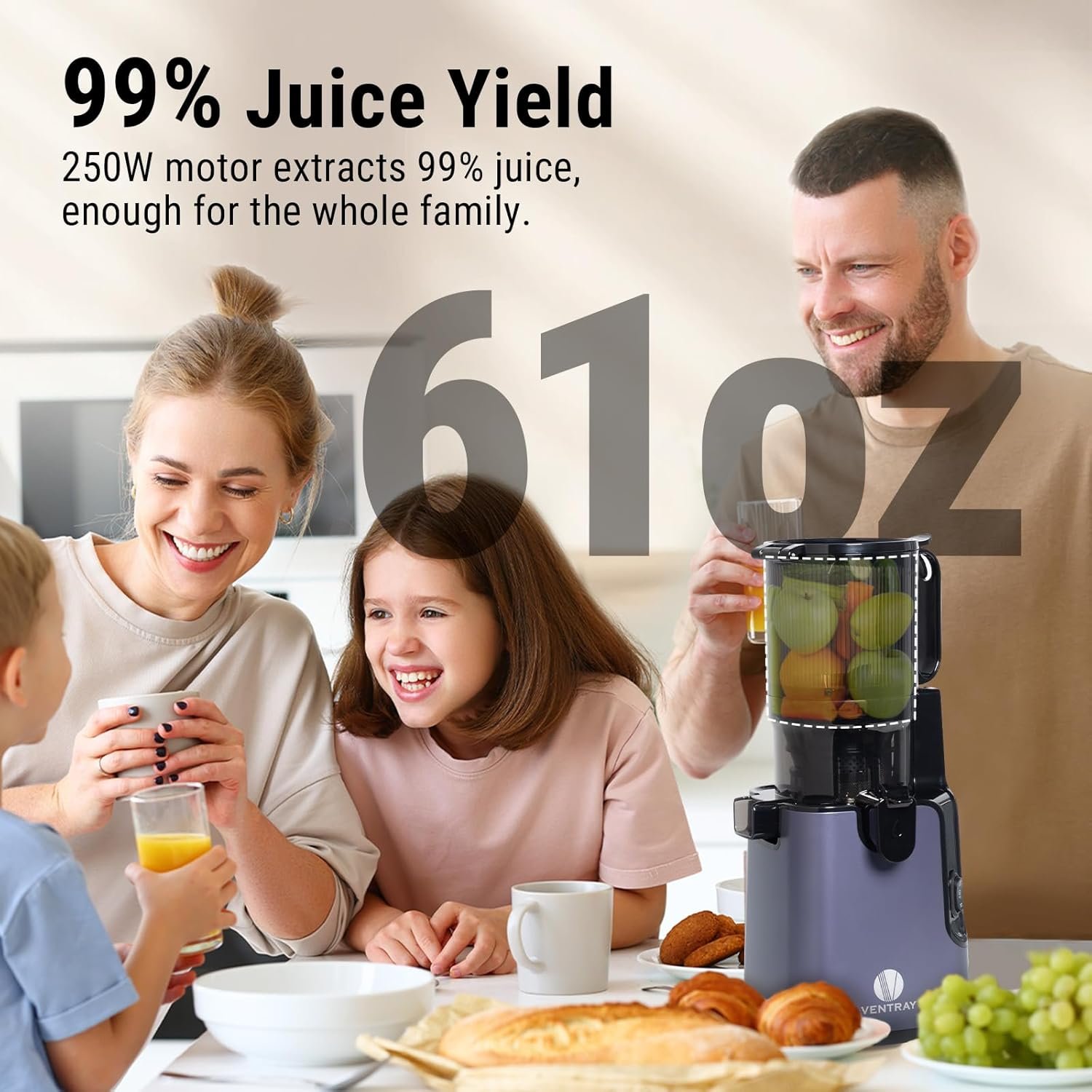 Ventray Cold Press Juicer, 5.1'' Extra Large Feed Chute Slow Masticating Juicer Machine for Whole Vegetables & Fruits, 250w, Easy to Clean with Brush, High Juice Yield Fit for Batch Juicing - Image 4