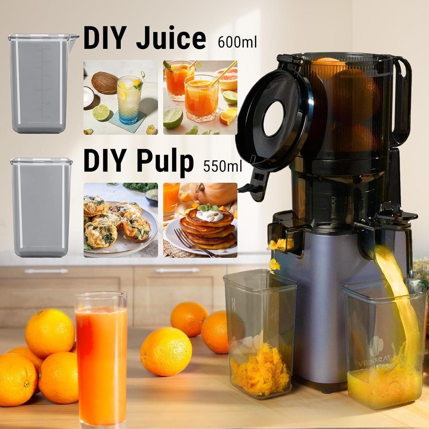 Ventray Cold Press Juicer, 5.1'' Extra Large Feed Chute Slow Masticating Juicer Machine for Whole Vegetables & Fruits, 250w, Easy to Clean with Brush, High Juice Yield Fit for Batch Juicing - Image 7