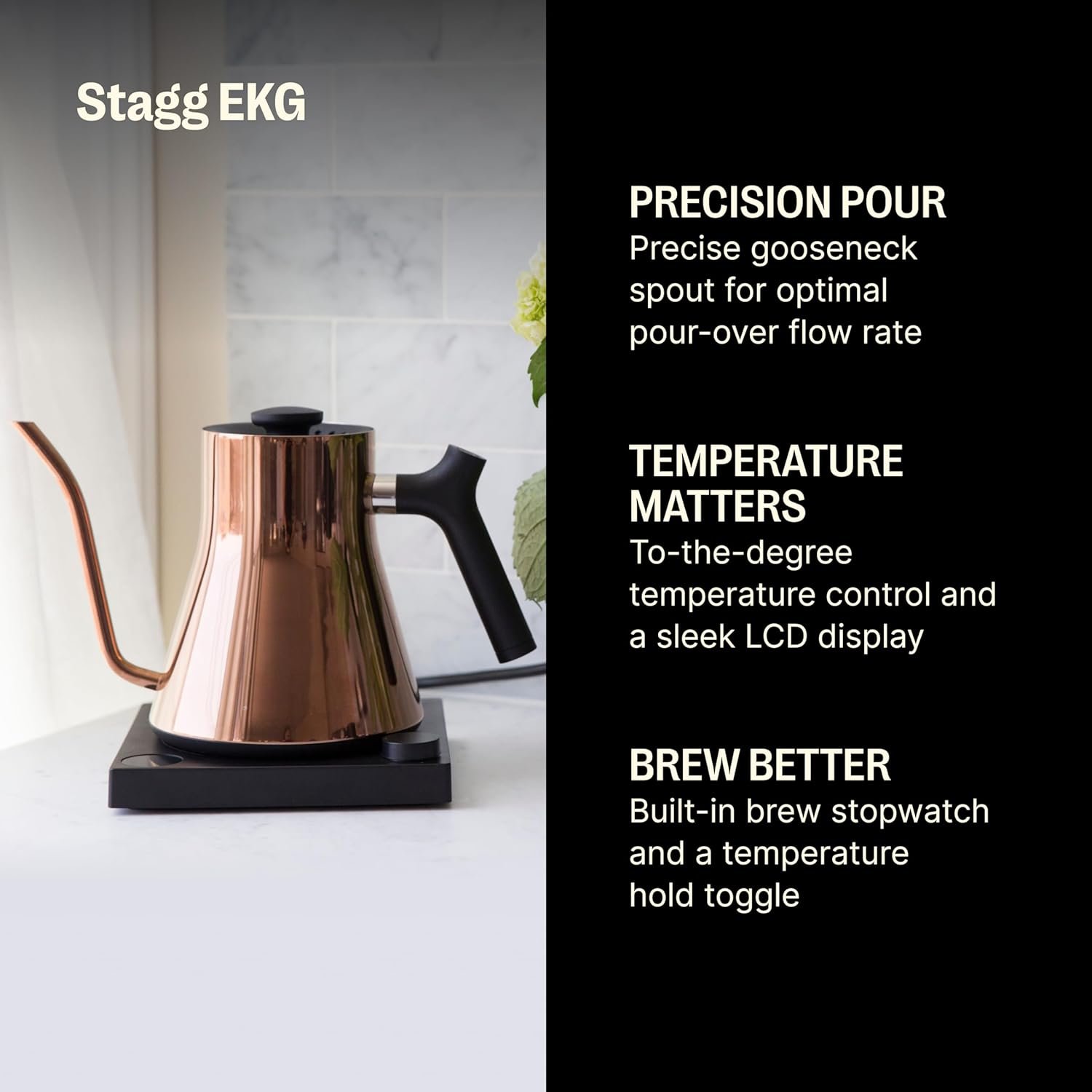 Fellow Stagg EKG Electric Gooseneck Kettle - Pour-Over Coffee and Tea Pot, Stainless Steel, Quick Heating, Polished Copper, 0.9 Liter - Image 3