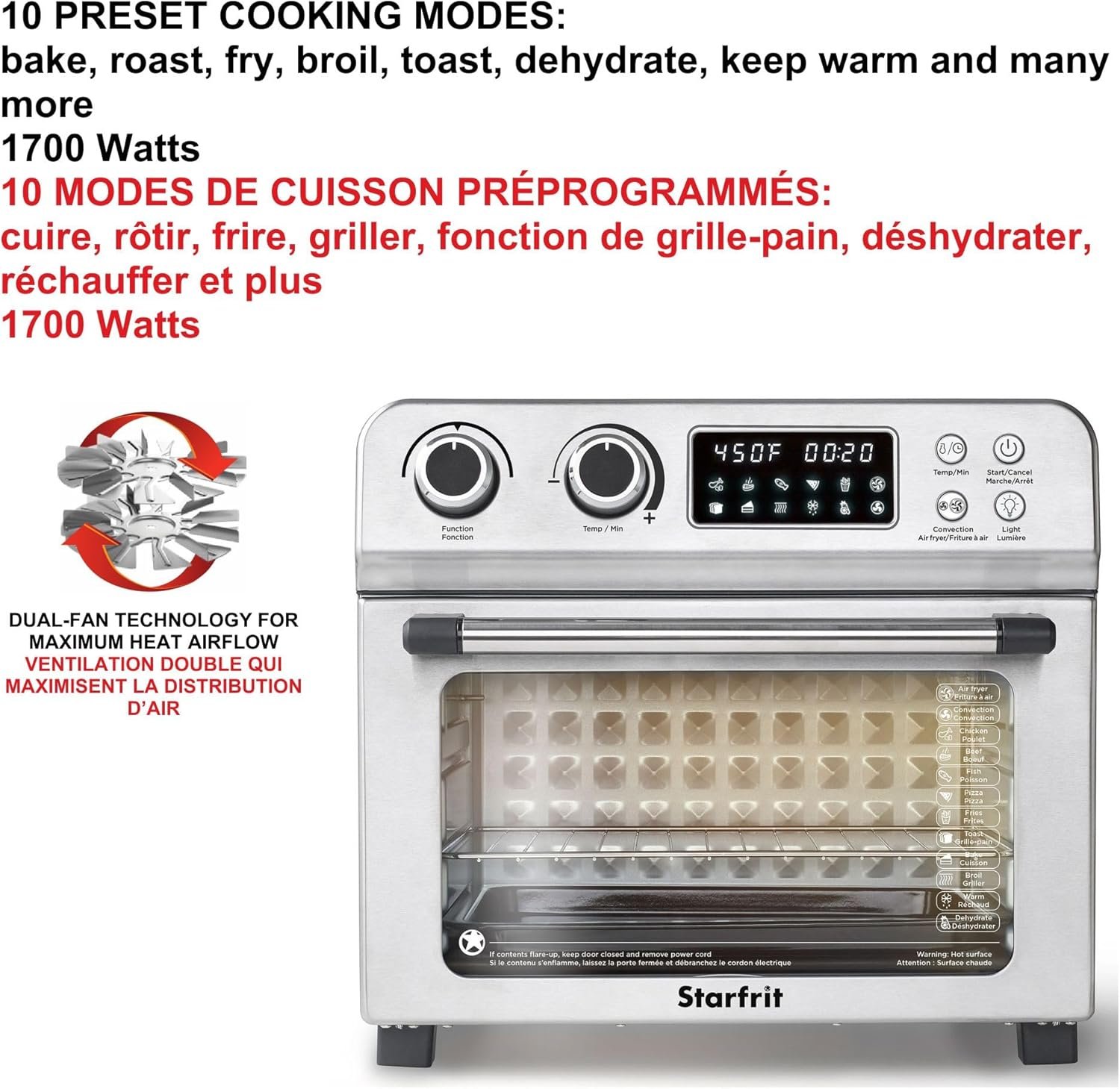 Starfrit Air Fryer Convection Oven - XL for 12" Pizza - Baking Pan & Air Fryer Basket - 10 Preset Modes - 1700W - Image 4