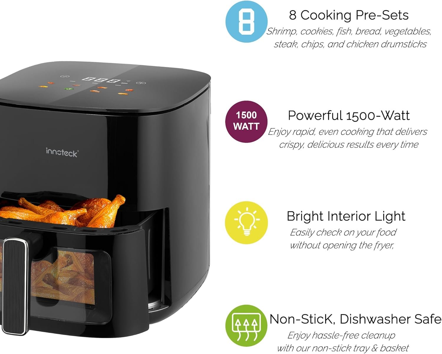 Innoteck 5L Visible Digital Air Fryer - 5.3QT Family Size - Glass Window with One Touch Screen Temperature & Controls - Air Frying, Roast, Dehydrate, Bake, & Reheat - Large Capacity - Oil Less Cooking - Image 7