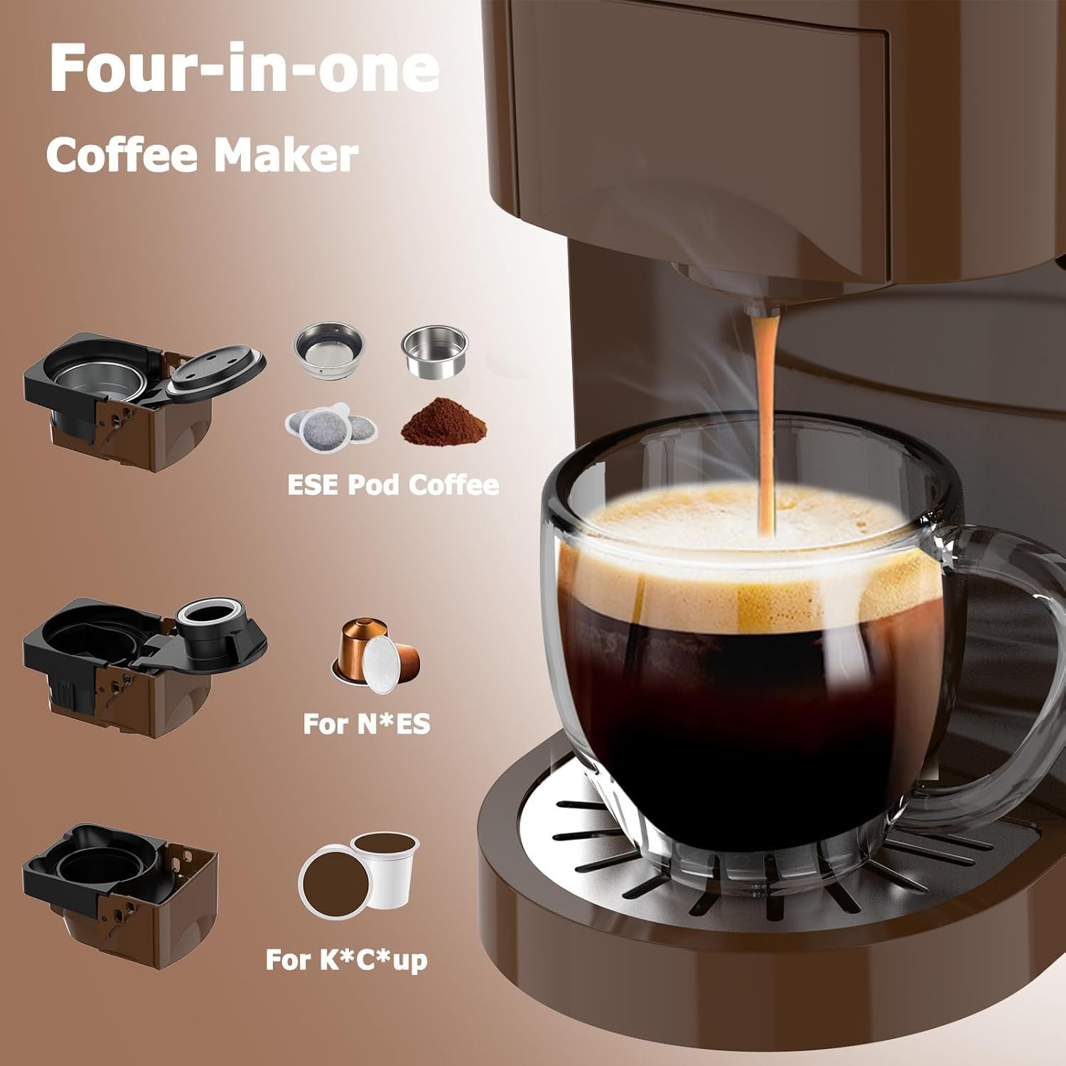 KOTLIE Single Serve Coffee Maker,4in1 Espresso Machines for Nespresso & K-cups/L'OR/Ground Coffee/illy Coffee ESE,19Bar Espresso Maker,1450W Fast Heat Coffee Machine - Image 3