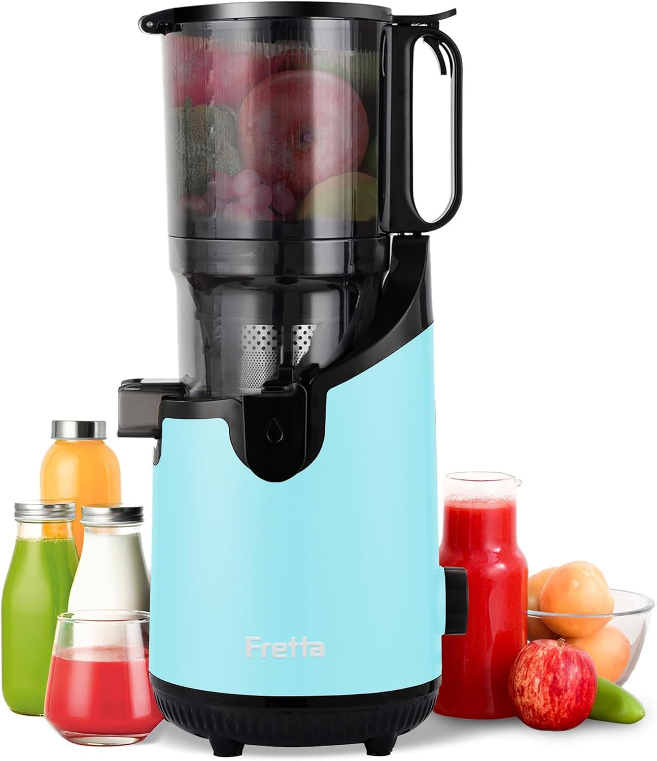 Fretta Cold Press Juicer Machines, Slow Masticating Juicer with 5.3" Extra Large Feed Chute Fit Whole Fruits & Vegetables, Self Feeding Effortless for Batch Juicing, BPA Free 250W (Blue) - Image 2
