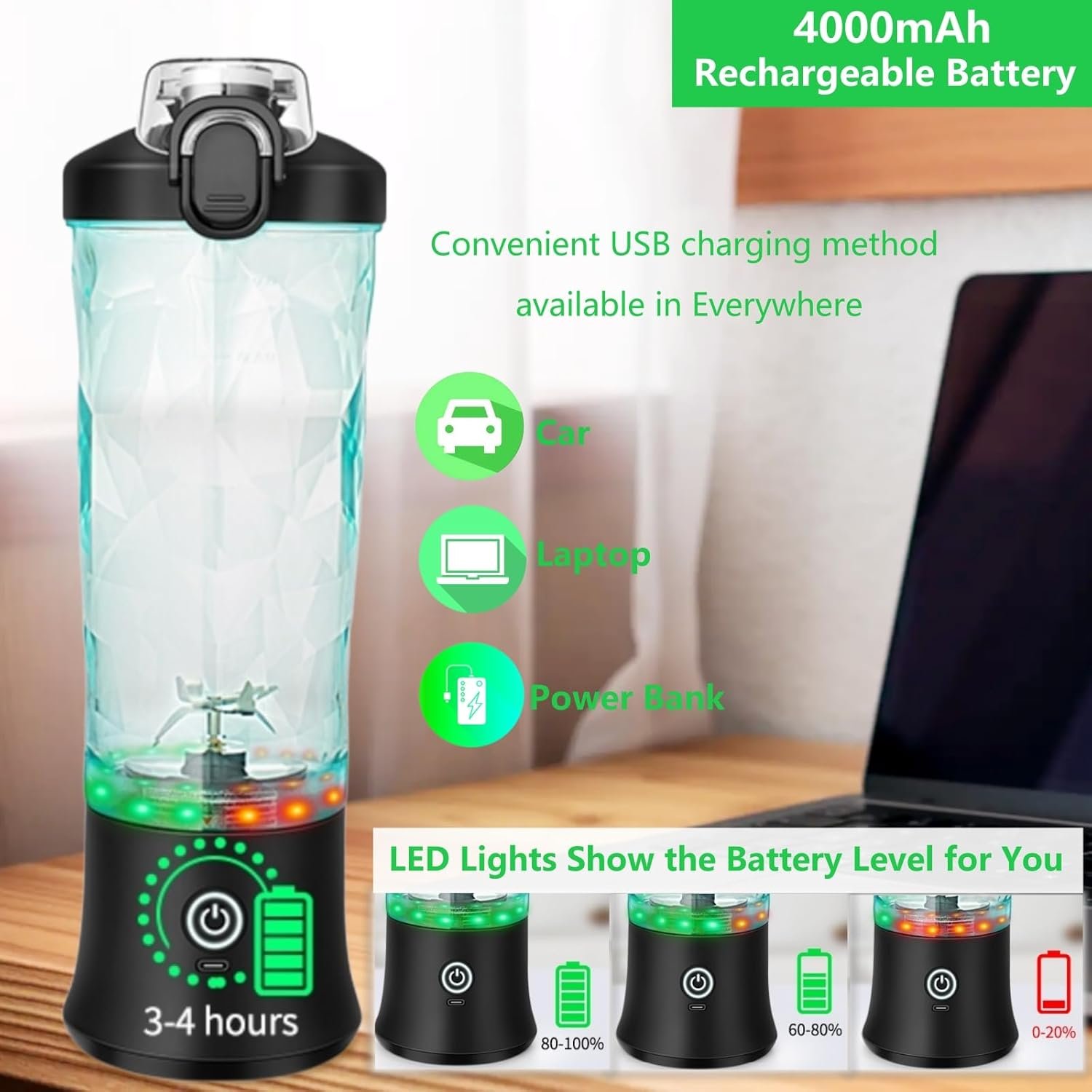 Binineew Portable Blenders for Smoothies and Shakes, 20oz Personal Blender USB Rechargeable On The Go Blender Small Juicer Cup Mixer Bottles, Travel Blender for Kitchen Food Sports Gym (Black) - Image 9