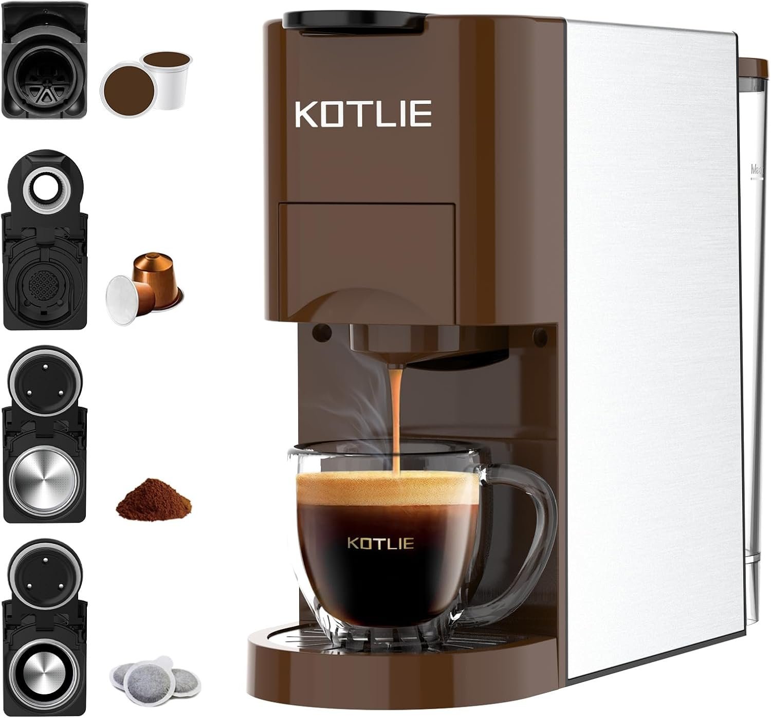 KOTLIE Single Serve Coffee Maker,4in1 Espresso Machines for Nespresso & K-cups/L'OR/Ground Coffee/illy Coffee ESE,19Bar Espresso Maker,1450W Fast Heat Coffee Machine - Image 2