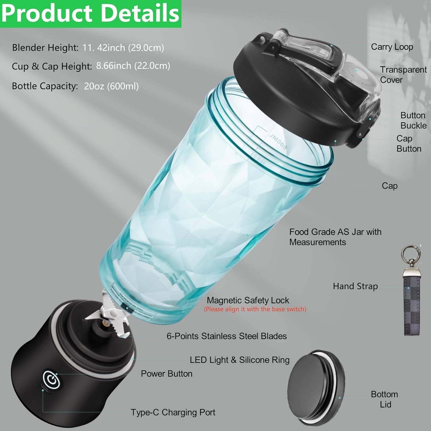 Binineew Portable Blenders for Smoothies and Shakes, 20oz Personal Blender USB Rechargeable On The Go Blender Small Juicer Cup Mixer Bottles, Travel Blender for Kitchen Food Sports Gym (Black) - Image 6