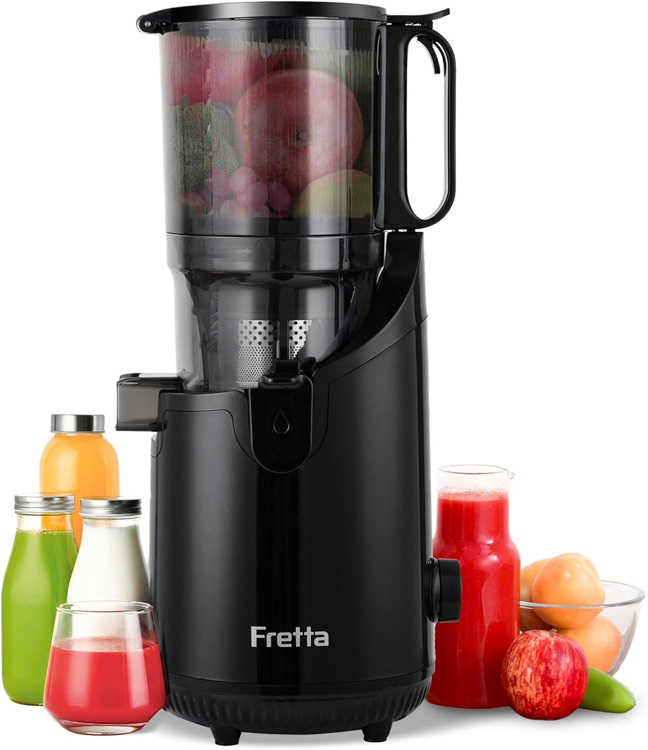 Fretta Cold Press Juicer Machines, Slow Masticating Juicer with 5.3" Extra Large Feed Chute Fit Whole Fruits & Vegetables, Self Feeding Effortless for Batch Juicing, BPA Free 250W(Black) - Image 2