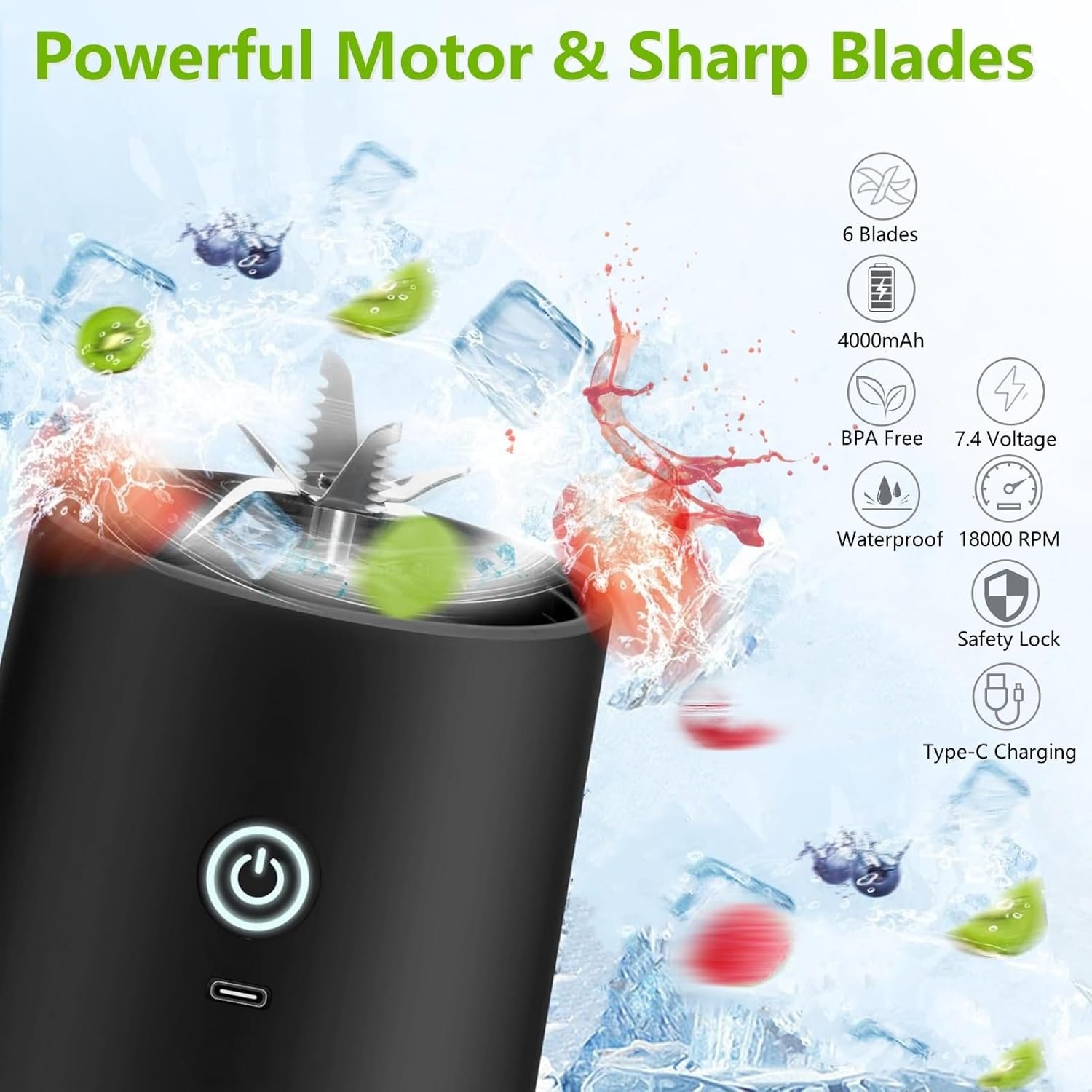 Binineew Portable Blenders for Smoothies and Shakes, 20oz Personal Blender USB Rechargeable On The Go Blender Small Juicer Cup Mixer Bottles, Travel Blender for Kitchen Food Sports Gym (Black) - Image 3