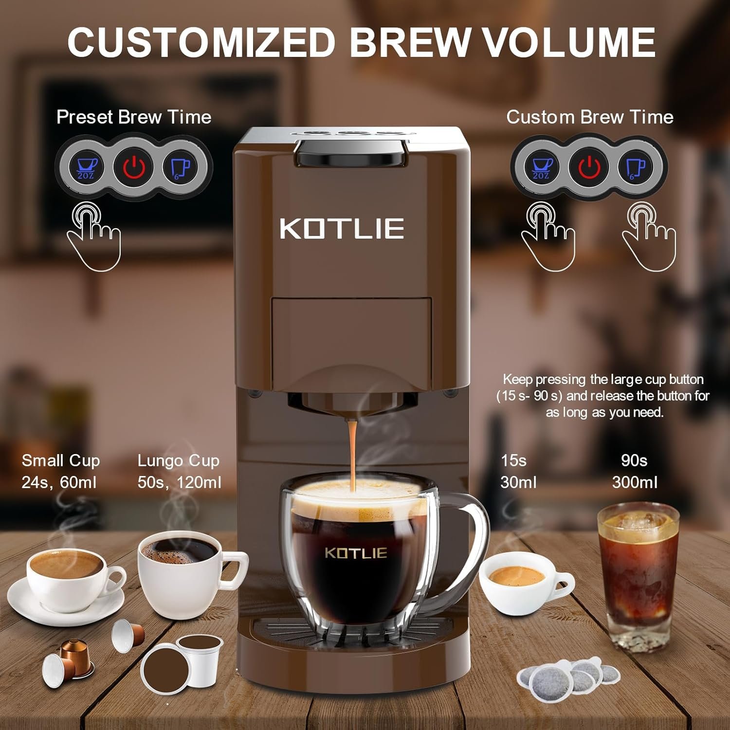 KOTLIE Single Serve Coffee Maker,4in1 Espresso Machines for Nespresso & K-cups/L'OR/Ground Coffee/illy Coffee ESE,19Bar Espresso Maker,1450W Fast Heat Coffee Machine - Image 5