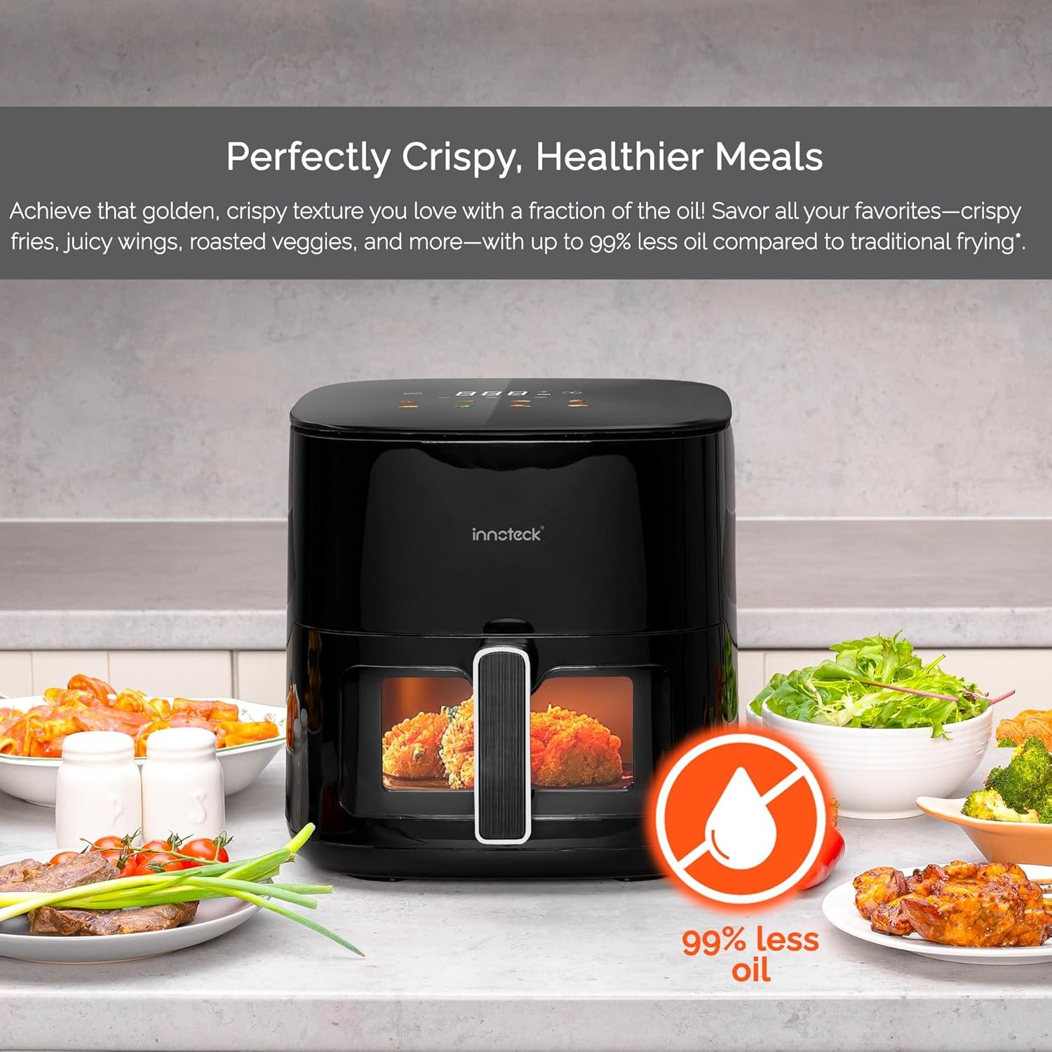Innoteck 5L Visible Digital Air Fryer - 5.3QT Family Size - Glass Window with One Touch Screen Temperature & Controls - Air Frying, Roast, Dehydrate, Bake, & Reheat - Large Capacity - Oil Less Cooking - Image 3