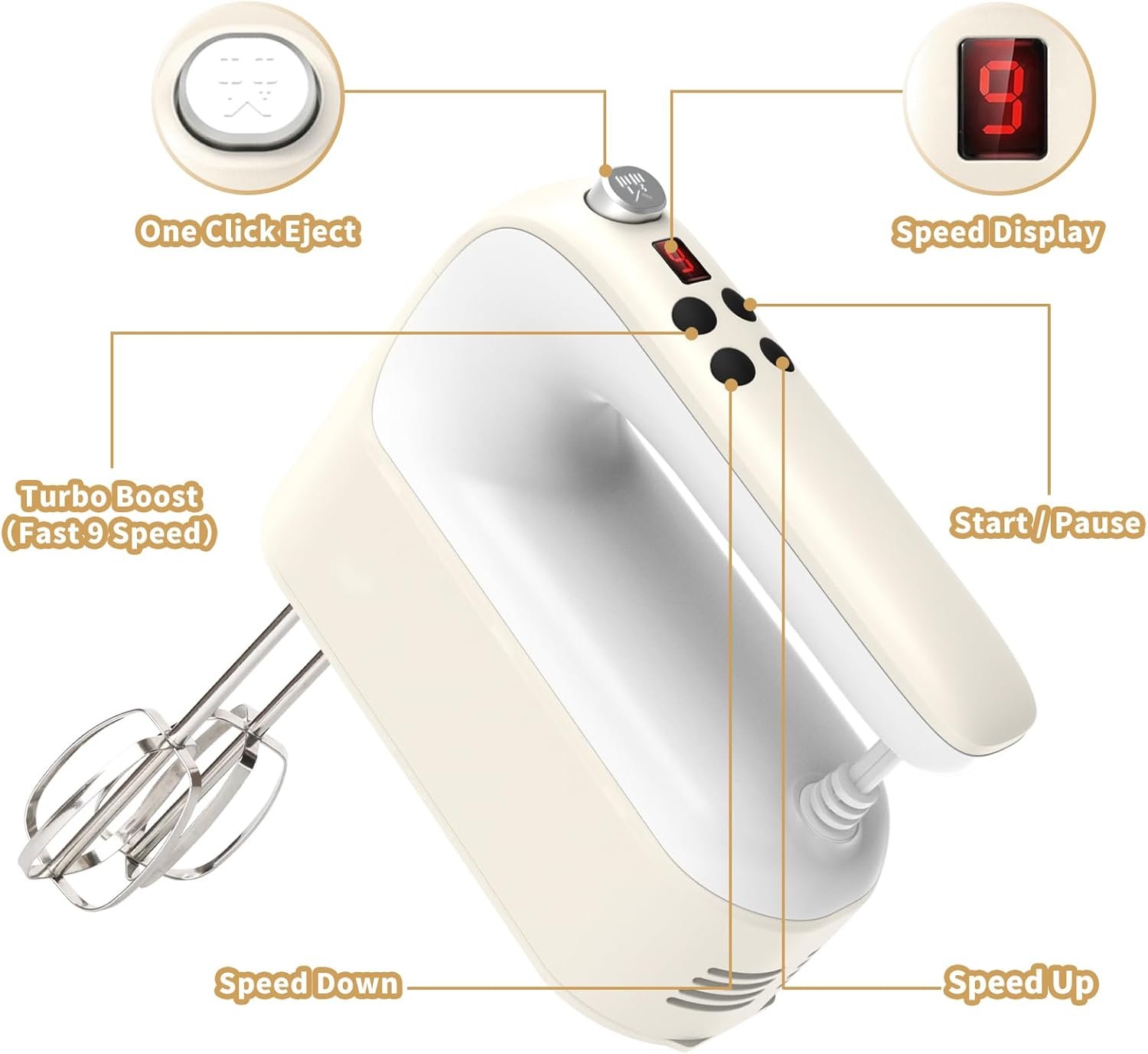 Yomelo 9-Speed Digital Hand Mixer Electric, 400W Powerful DC Motor, Baking Mixer Handheld with Snap-On Storage Case, 5 Stainless Steel Accessories, Flat Beaters, Dough Hooks, Whisk (Cream White) - Image 3