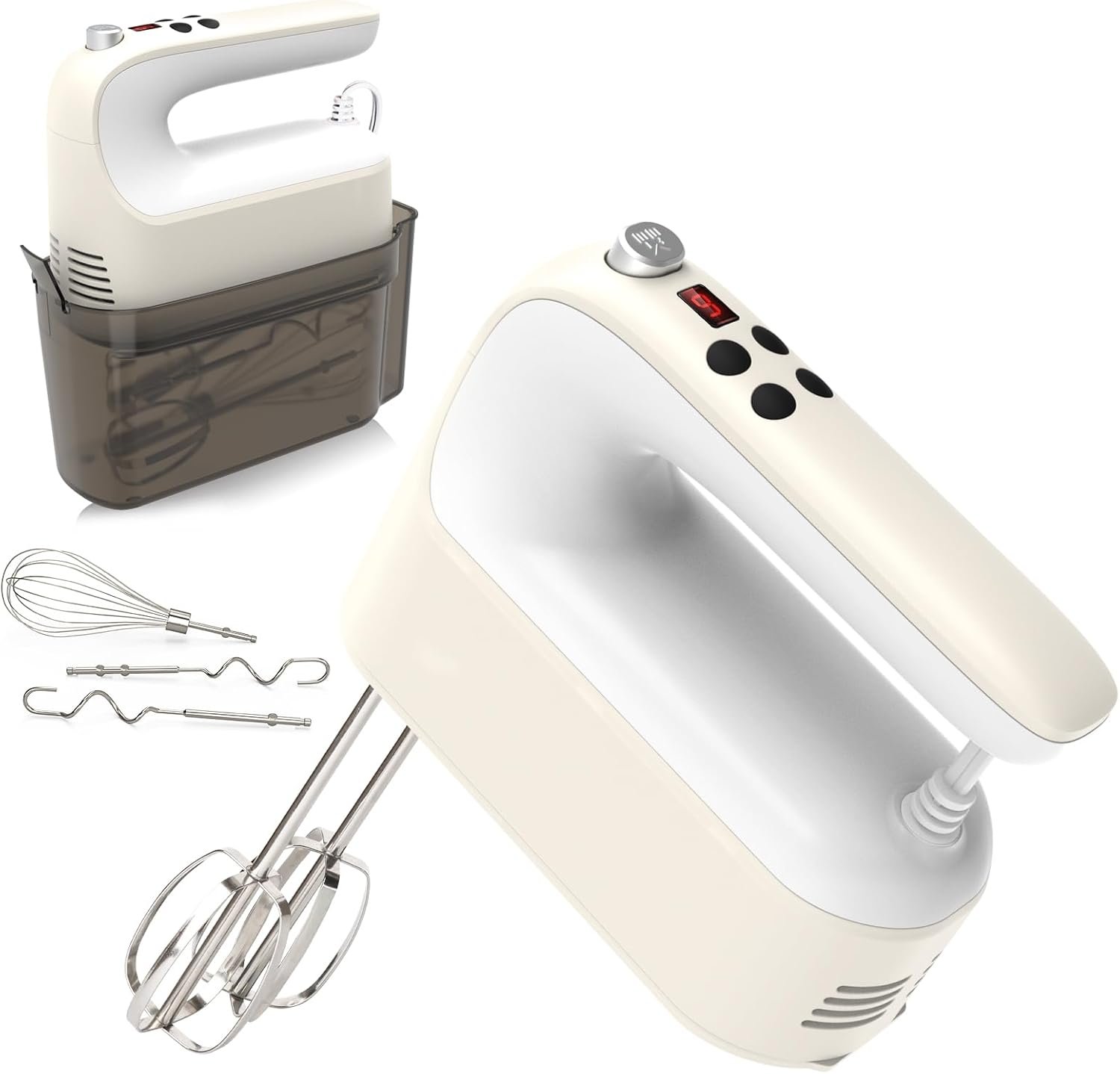 Yomelo 9-Speed Digital Hand Mixer Electric, 400W Powerful DC Motor, Baking Mixer Handheld with Snap-On Storage Case, 5 Stainless Steel Accessories, Flat Beaters, Dough Hooks, Whisk (Cream White) - Image 2
