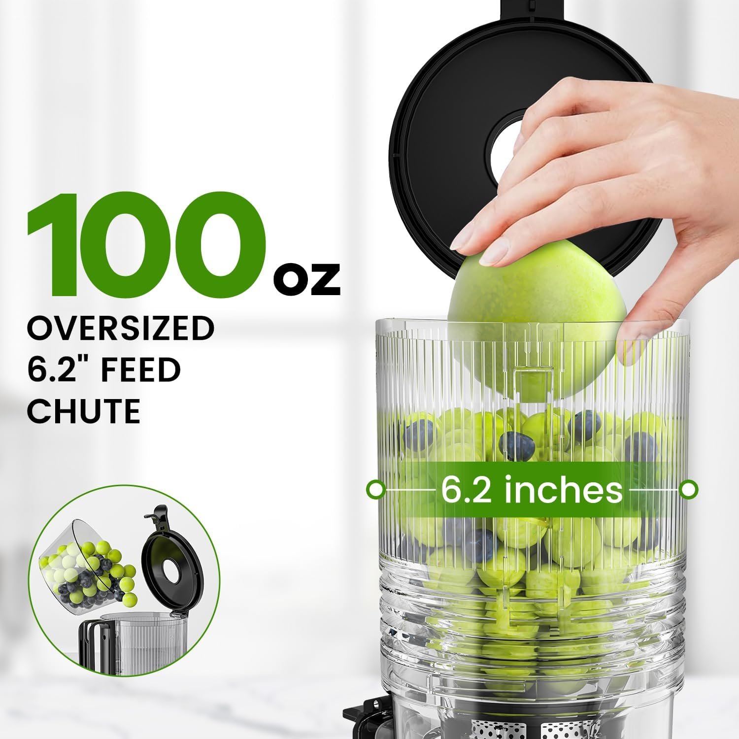 Masticating Juicer, 6.2" Slow Cold Press Juicer with Extra-Large Feeding Chute, Pure Juicer Machines for whole Vegetables & Fruits, Easy to Clean with Brush - Image 3