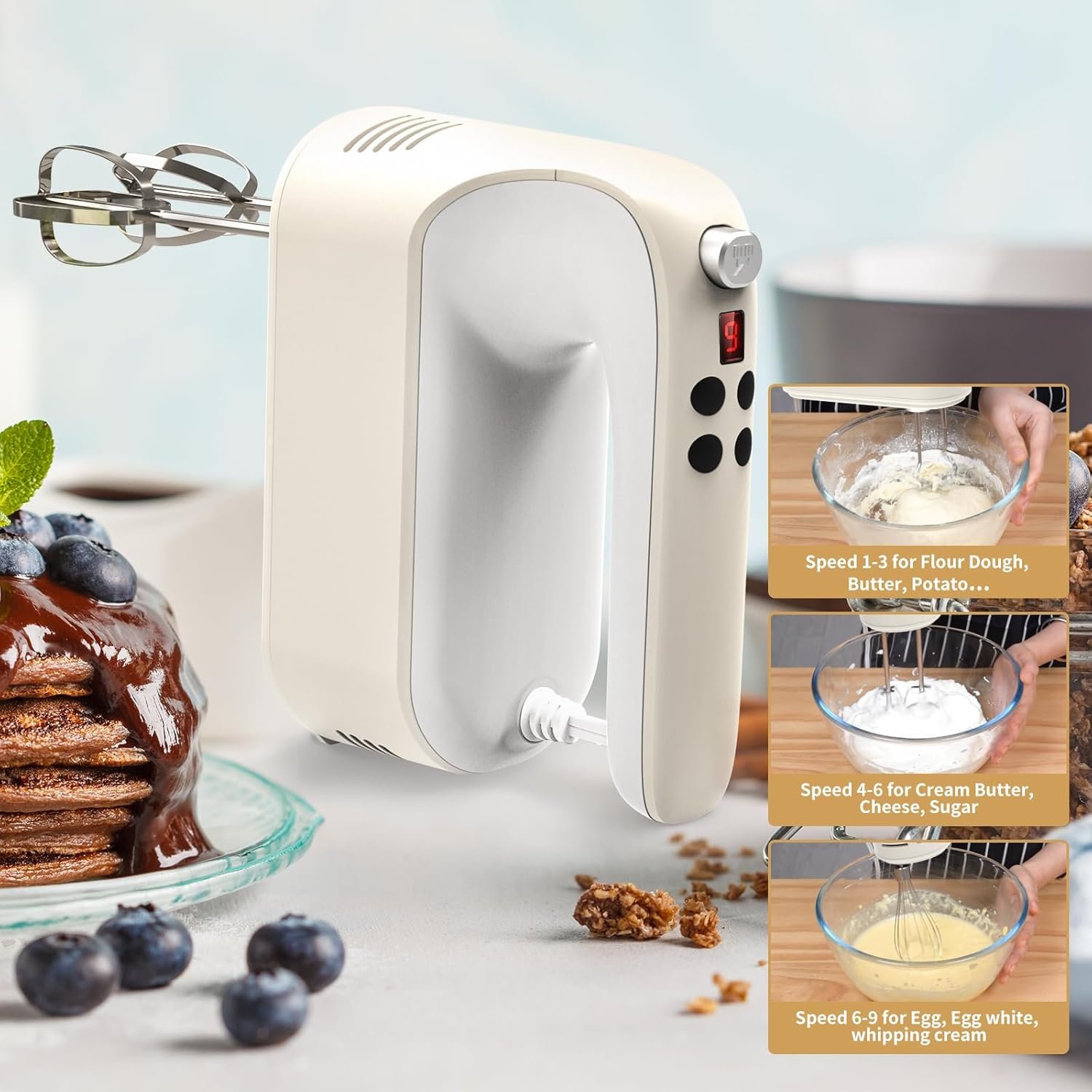 Yomelo 9-Speed Digital Hand Mixer Electric, 400W Powerful DC Motor, Baking Mixer Handheld with Snap-On Storage Case, 5 Stainless Steel Accessories, Flat Beaters, Dough Hooks, Whisk (Cream White) - Image 8
