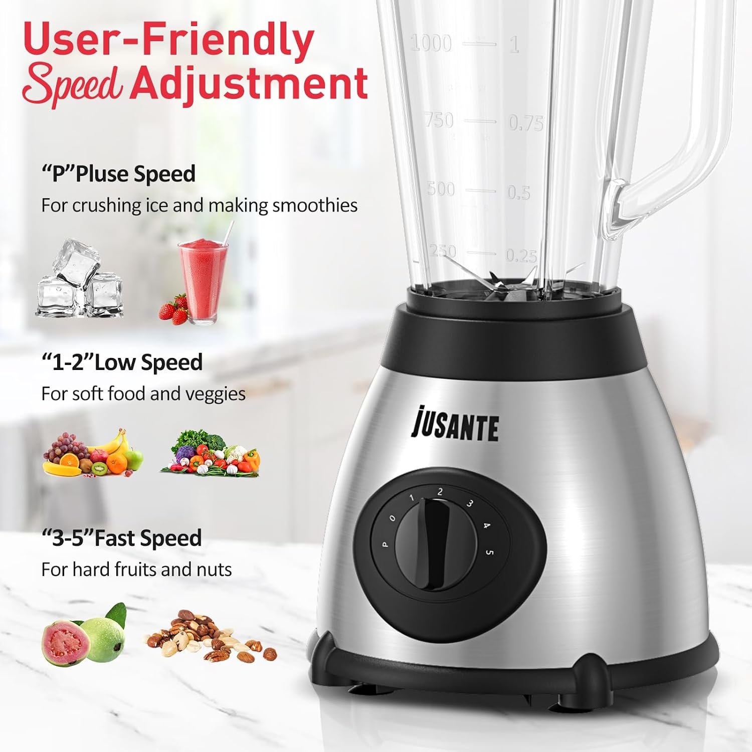 JUSANTE Smoothie Blender, 1000W Professional Kitchen Blender with Glass Jar for Shakes & Smoothies High Speed Countertop Blender for Ice Frozen Drinks - Image 4