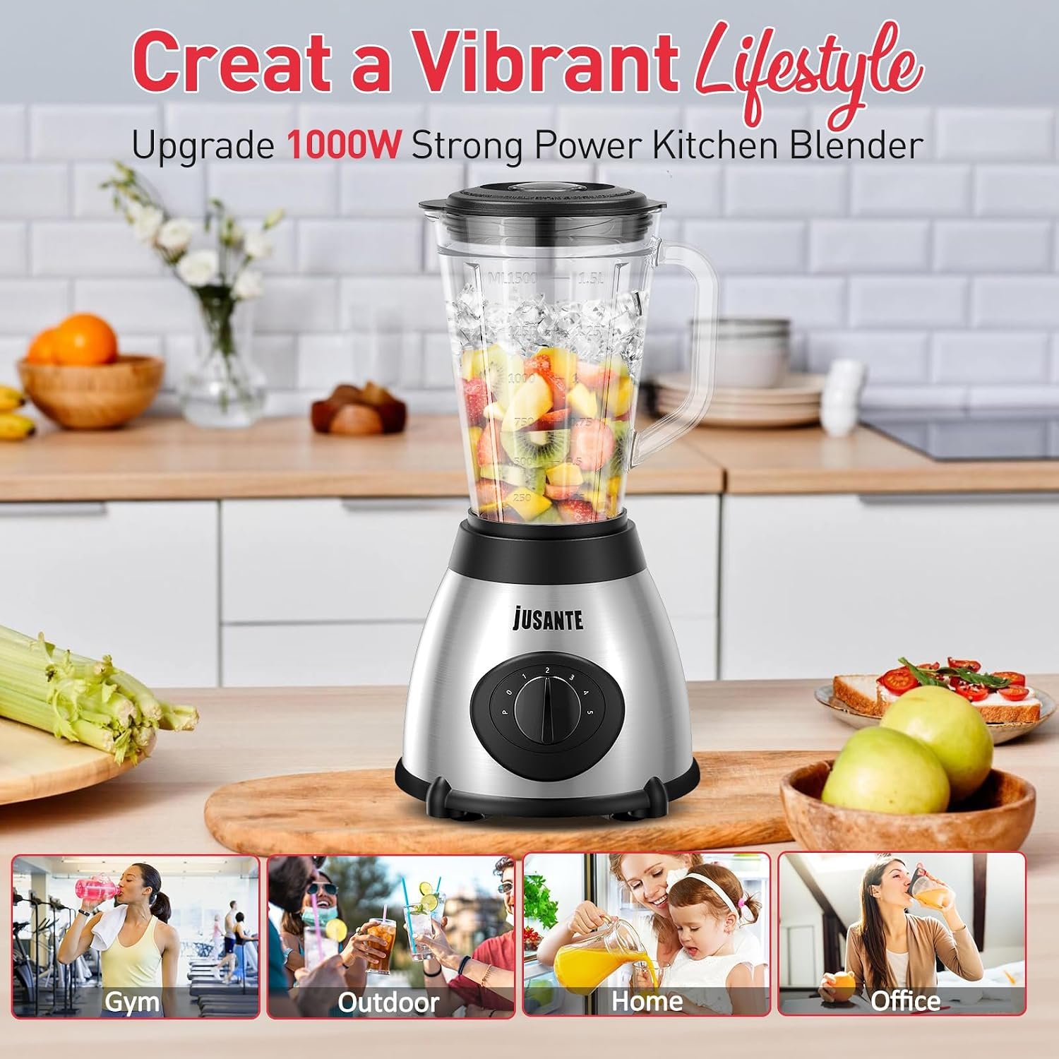 JUSANTE Smoothie Blender, 1000W Professional Kitchen Blender with Glass Jar for Shakes & Smoothies High Speed Countertop Blender for Ice Frozen Drinks - Image 6