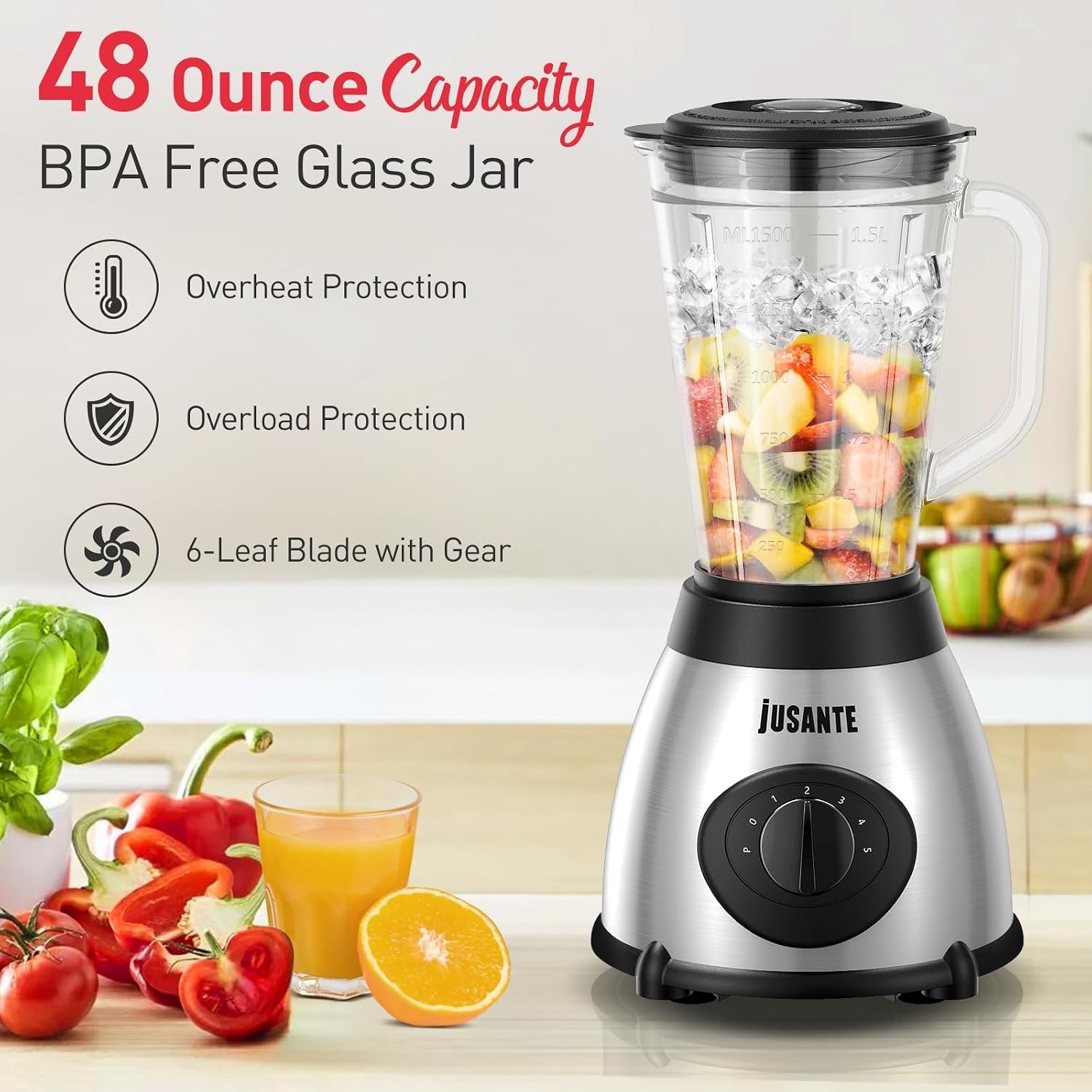 JUSANTE Smoothie Blender, 1000W Professional Kitchen Blender with Glass Jar for Shakes & Smoothies High Speed Countertop Blender for Ice Frozen Drinks - Image 3