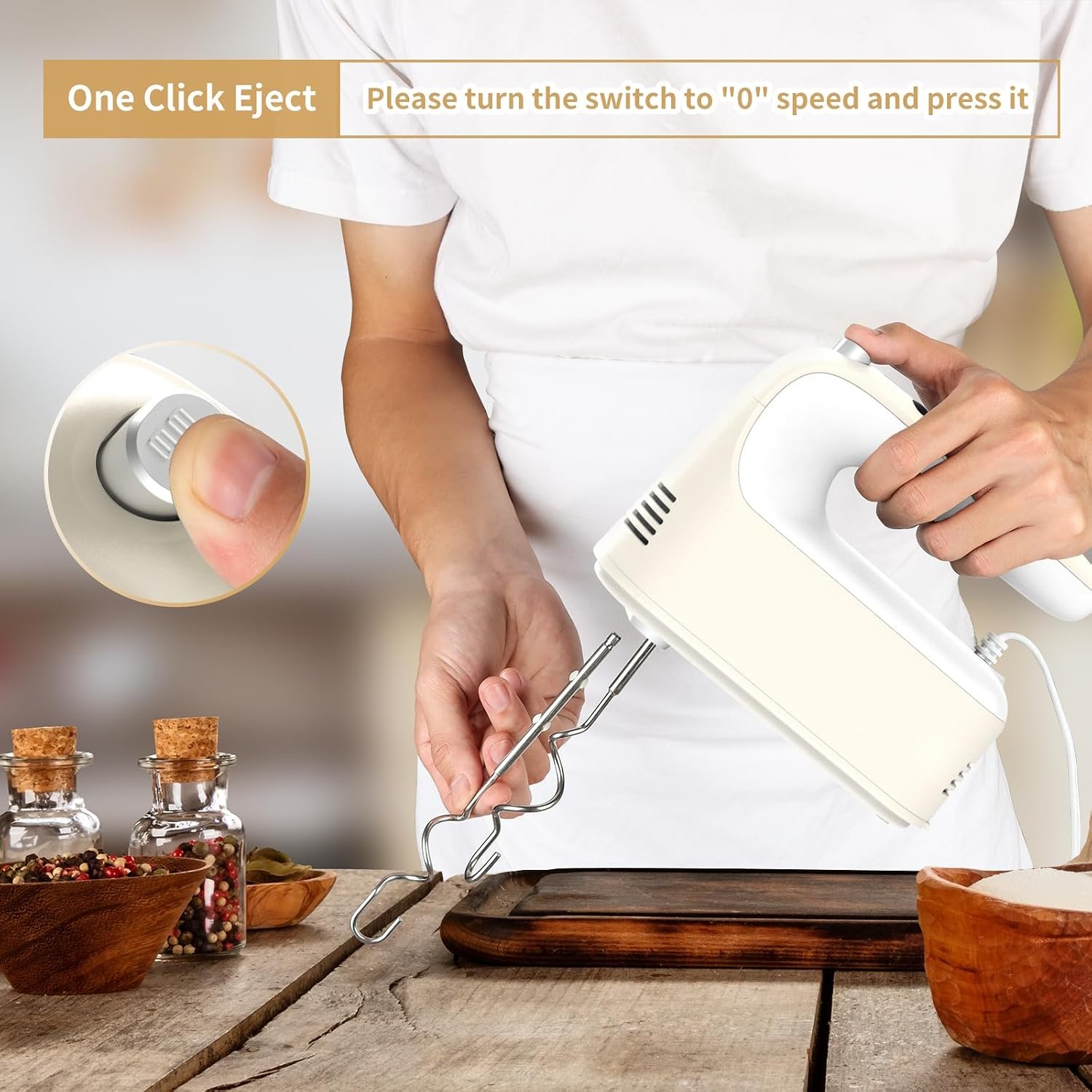 Yomelo 9-Speed Digital Hand Mixer Electric, 400W Powerful DC Motor, Baking Mixer Handheld with Snap-On Storage Case, 5 Stainless Steel Accessories, Flat Beaters, Dough Hooks, Whisk (Cream White) - Image 6