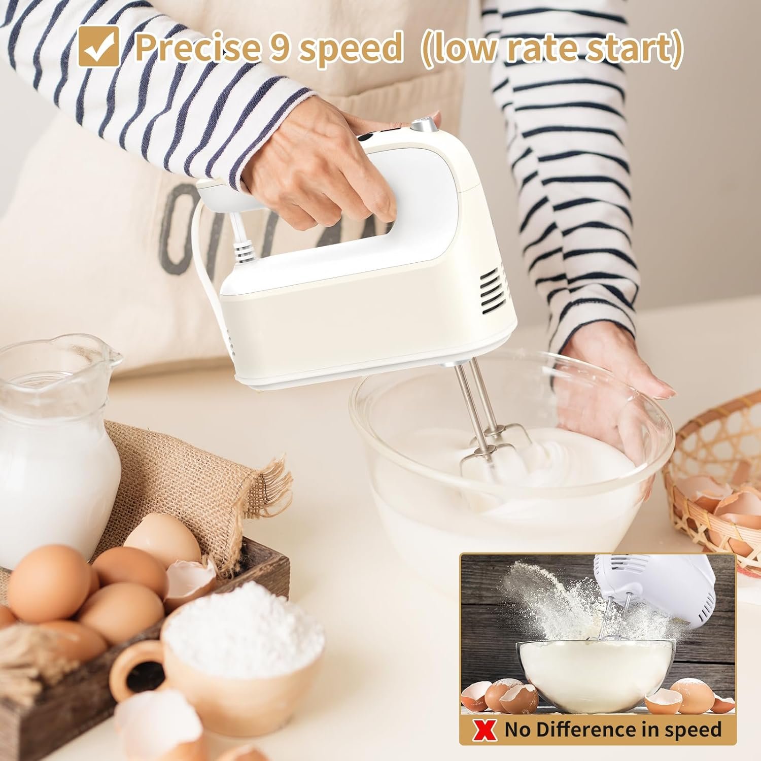Yomelo 9-Speed Digital Hand Mixer Electric, 400W Powerful DC Motor, Baking Mixer Handheld with Snap-On Storage Case, 5 Stainless Steel Accessories, Flat Beaters, Dough Hooks, Whisk (Cream White) - Image 5