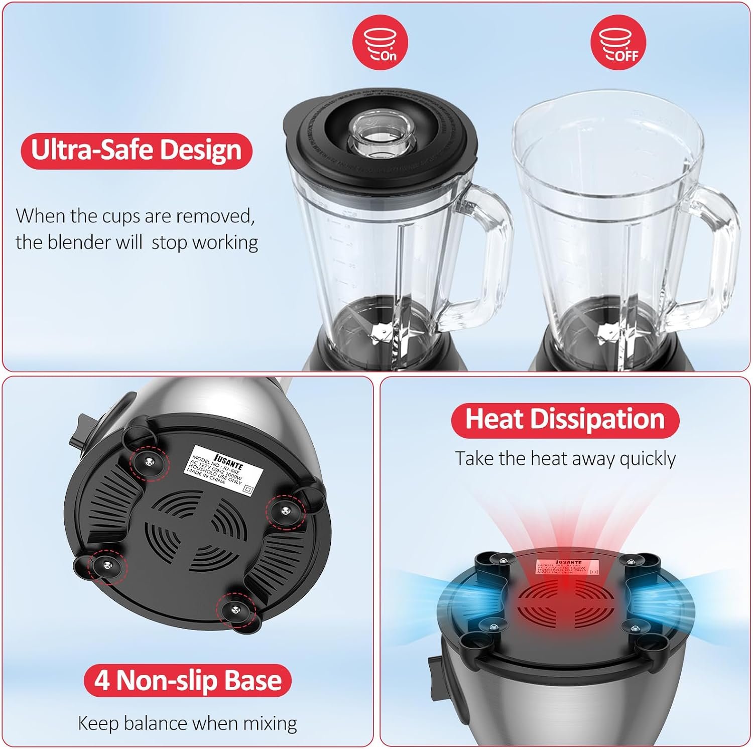 JUSANTE Smoothie Blender, 1000W Professional Kitchen Blender with Glass Jar for Shakes & Smoothies High Speed Countertop Blender for Ice Frozen Drinks - Image 7