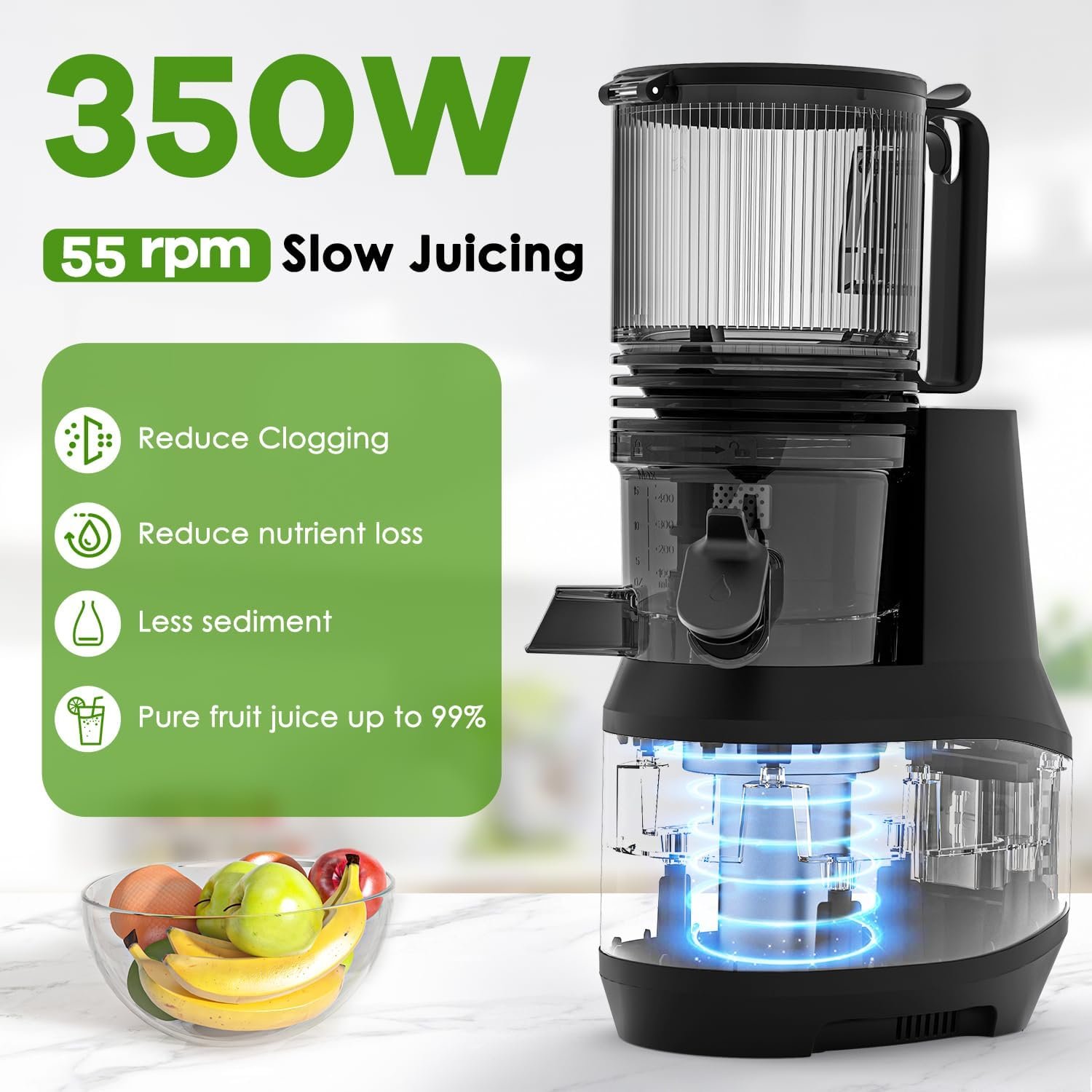 Masticating Juicer, 6.2" Slow Cold Press Juicer with Extra-Large Feeding Chute, Pure Juicer Machines for whole Vegetables & Fruits, Easy to Clean with Brush - Image 4