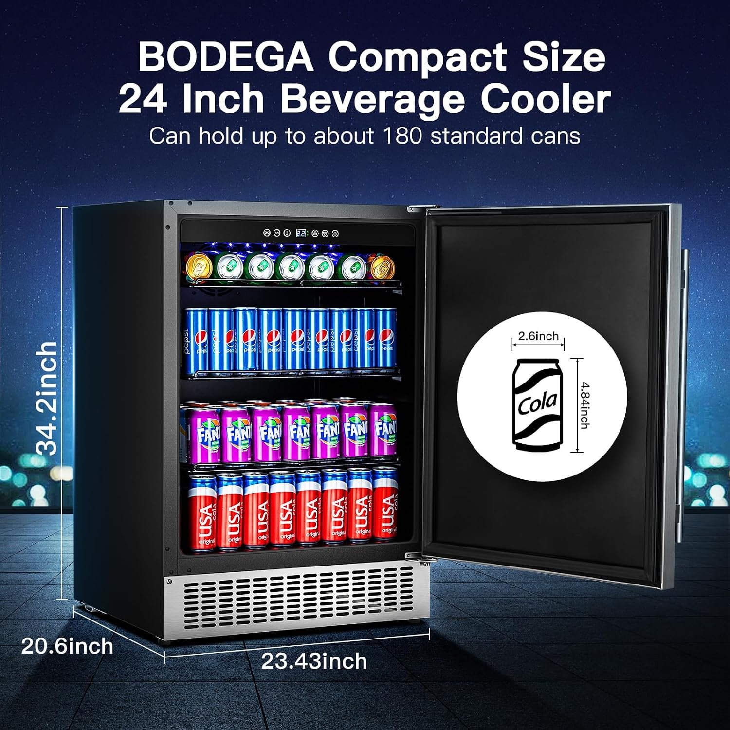 BODEGA Beverage Cooler 24 Inch, Built-in and Freestanding Beverage Refrigerator 180 Cans, Stainless Steel Under Counter Beverage Fridge Perfect for Soda, Water, Beer - Image 5